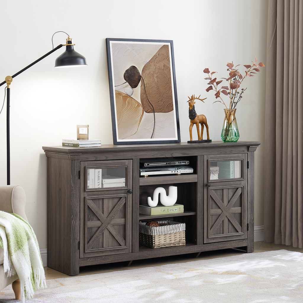 Rustic grey wooden TV stand with glass cabinet doors and barn door accents