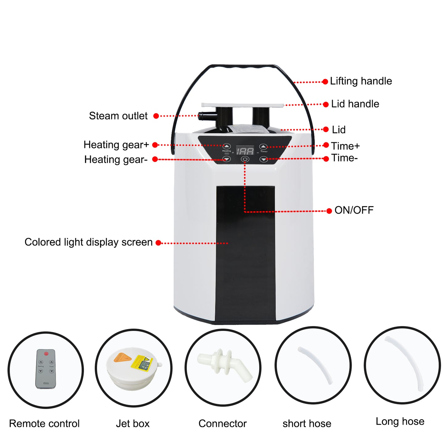 White and black portable sauna steamer with lifting handle and digital timer display