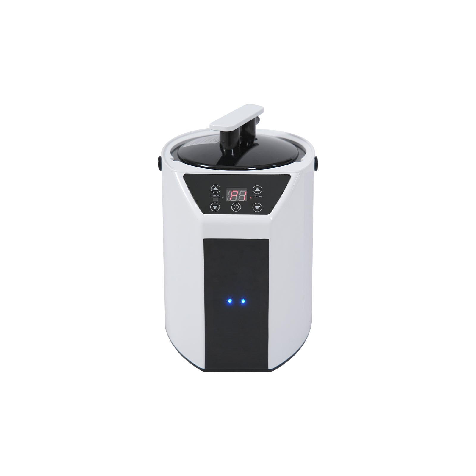 White electric steamer with digital display and black lid ideal for home cooking