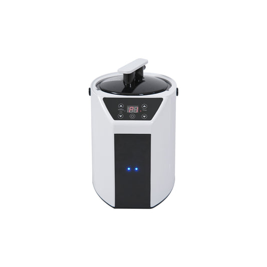 White electric steamer with digital display and black lid ideal for home cooking