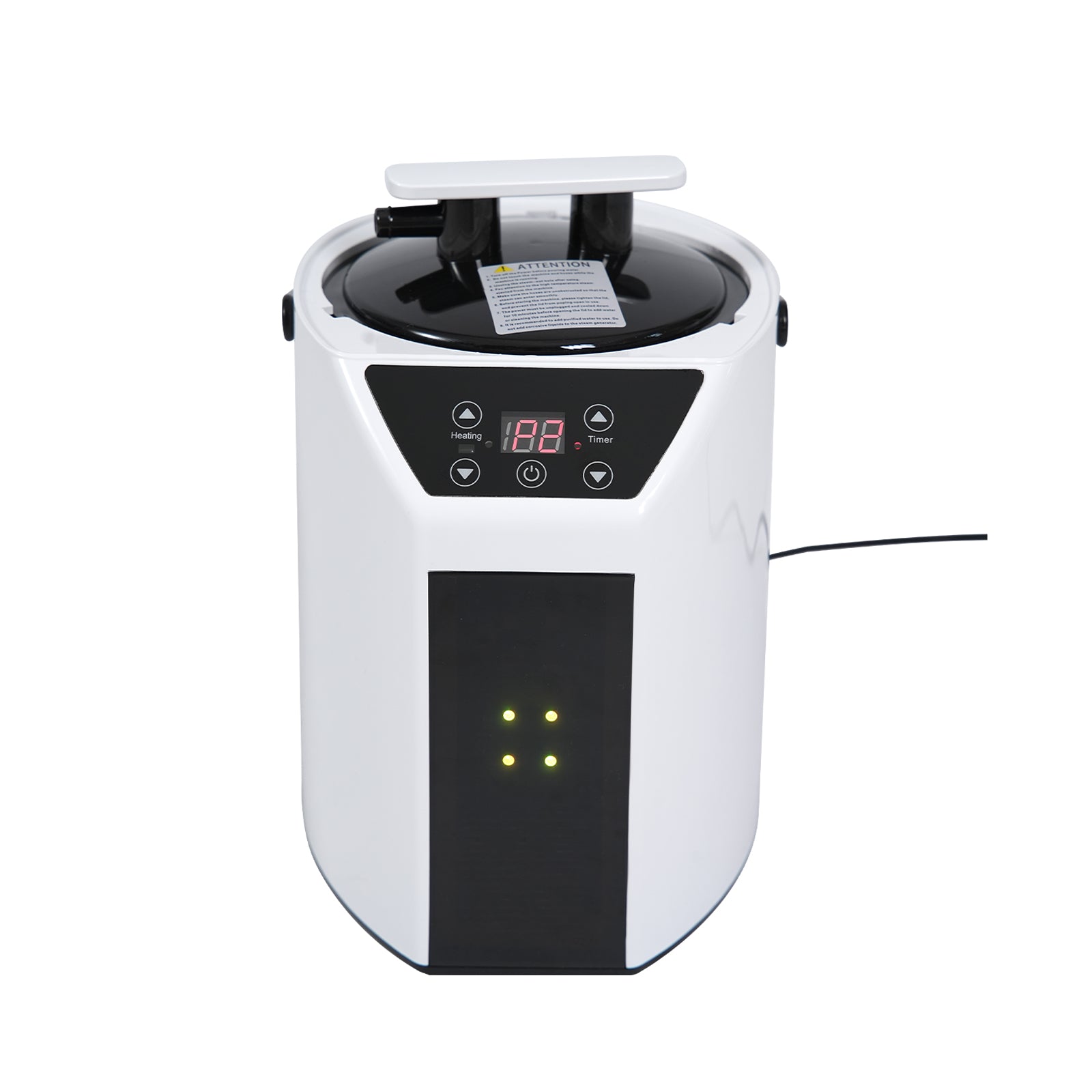 White steam generator with digital timer and heating controls for home spa use