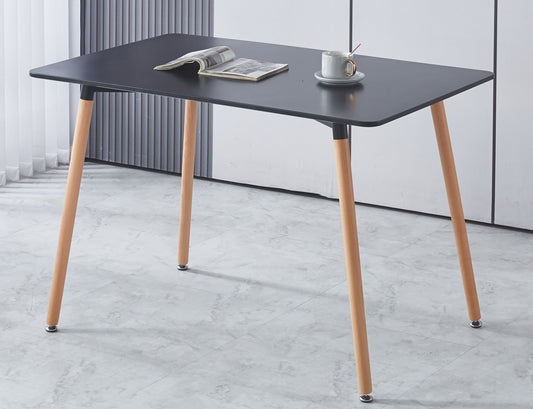 Black modern dining table with light wood legs perfect for small spaces