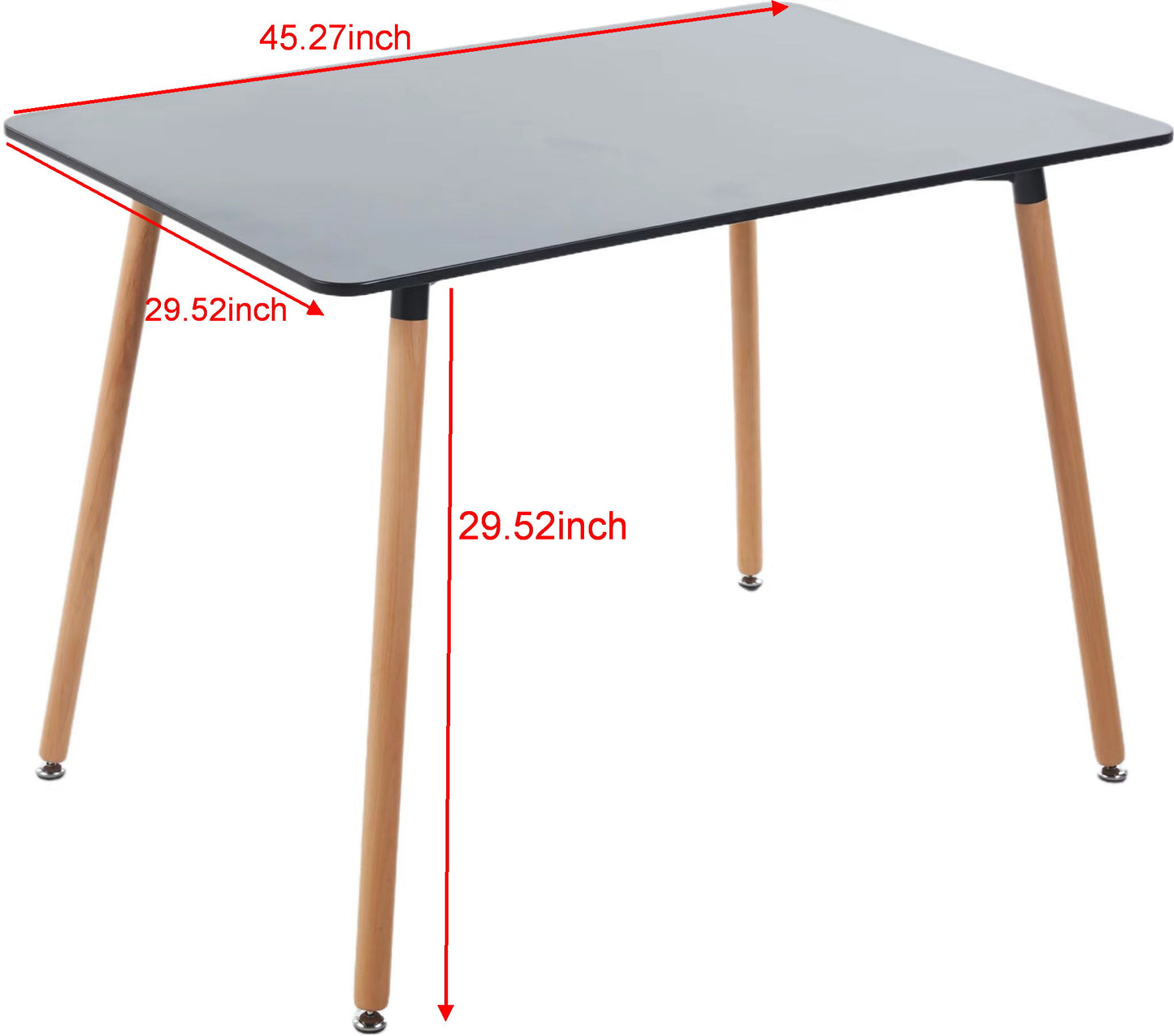 Modern rectangular dining table with a sleek gray top and natural wood legs
