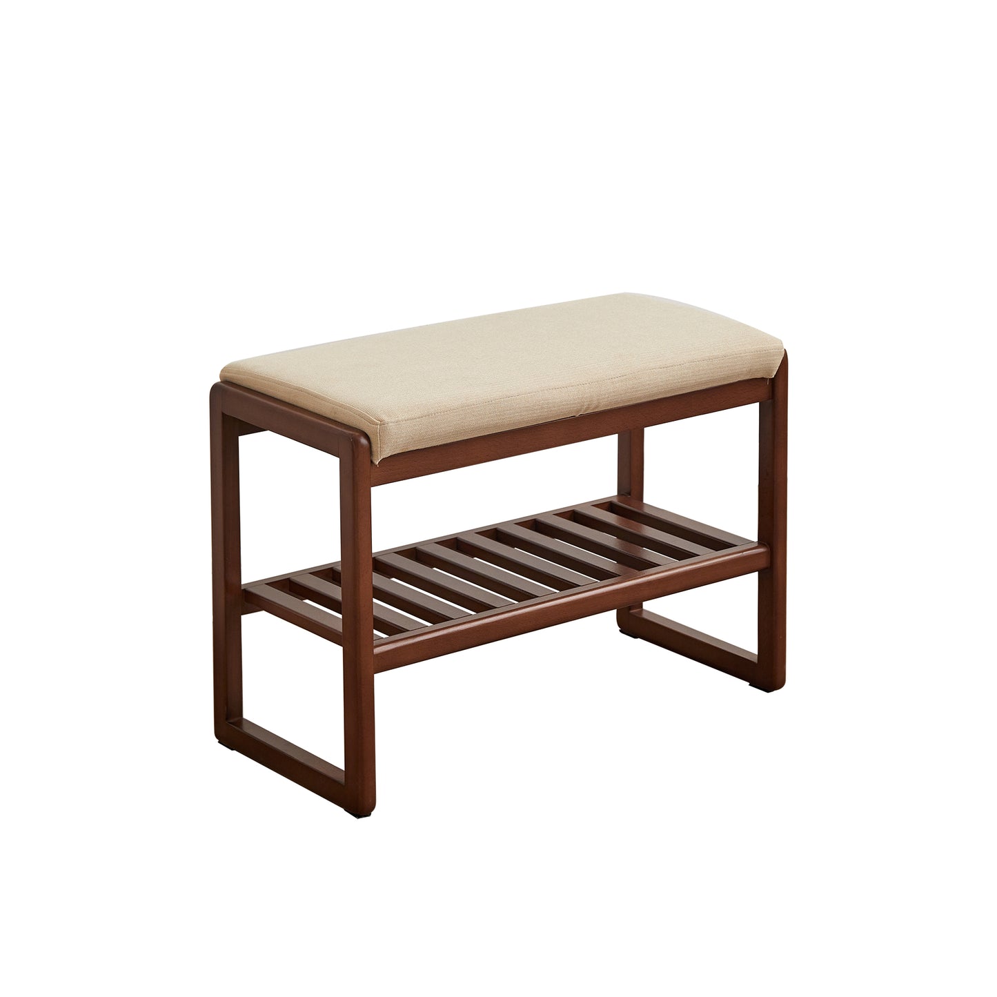 Wooden shoe bench with beige upholstered seat and slatted lower shelf