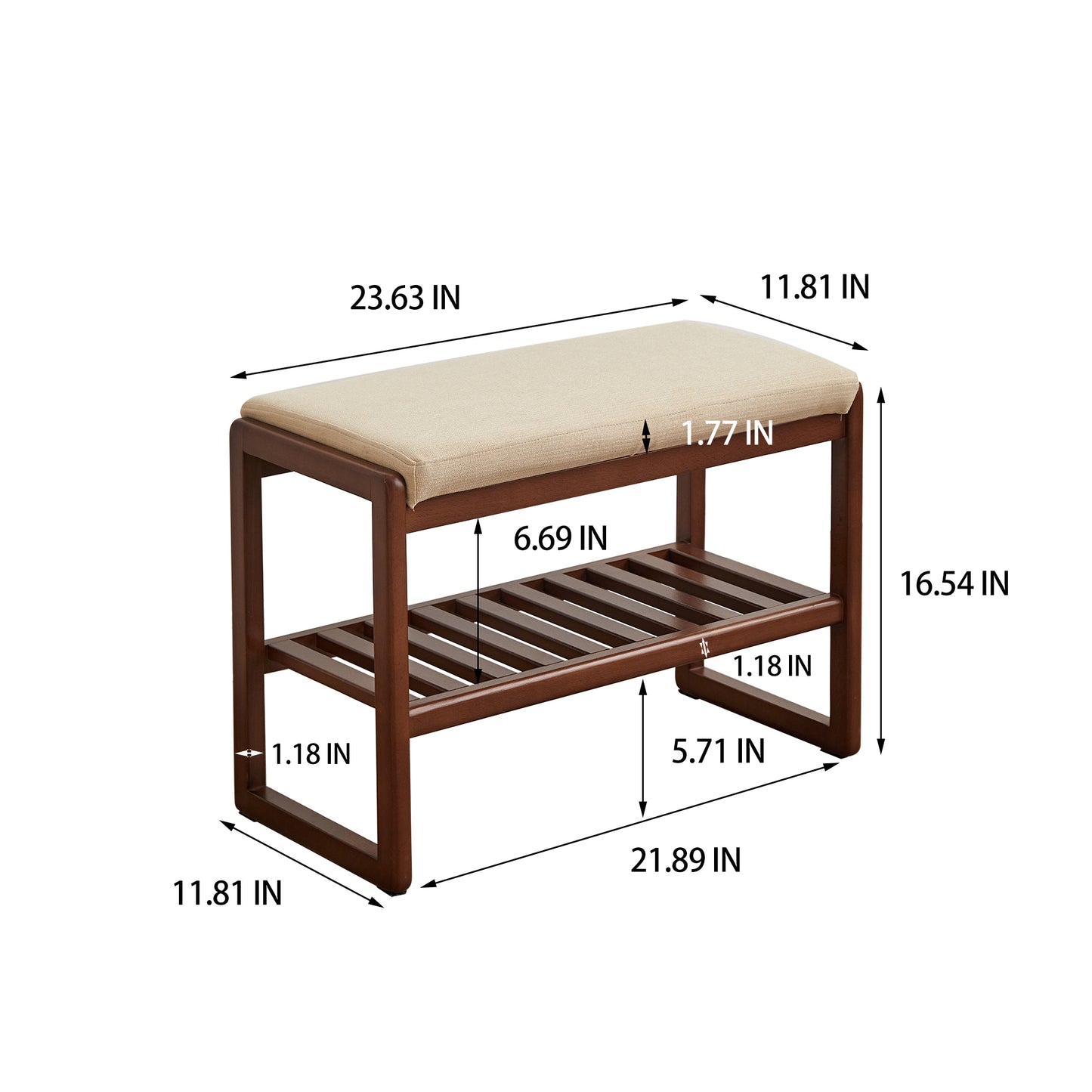 Brown wooden entryway bench with upholstered seat and slatted bottom shelf
