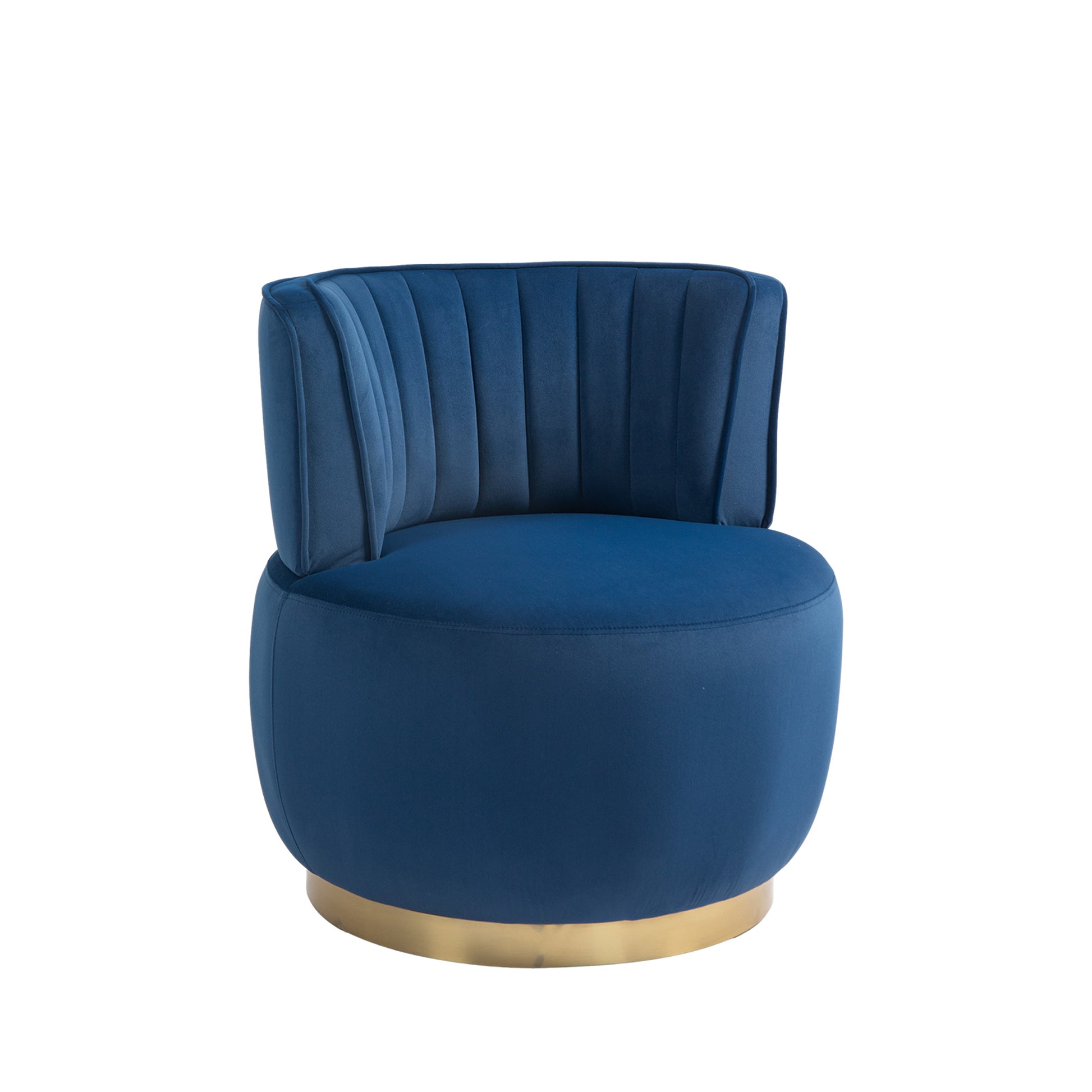 Deep blue velvet accent chair with pleated back and gold base