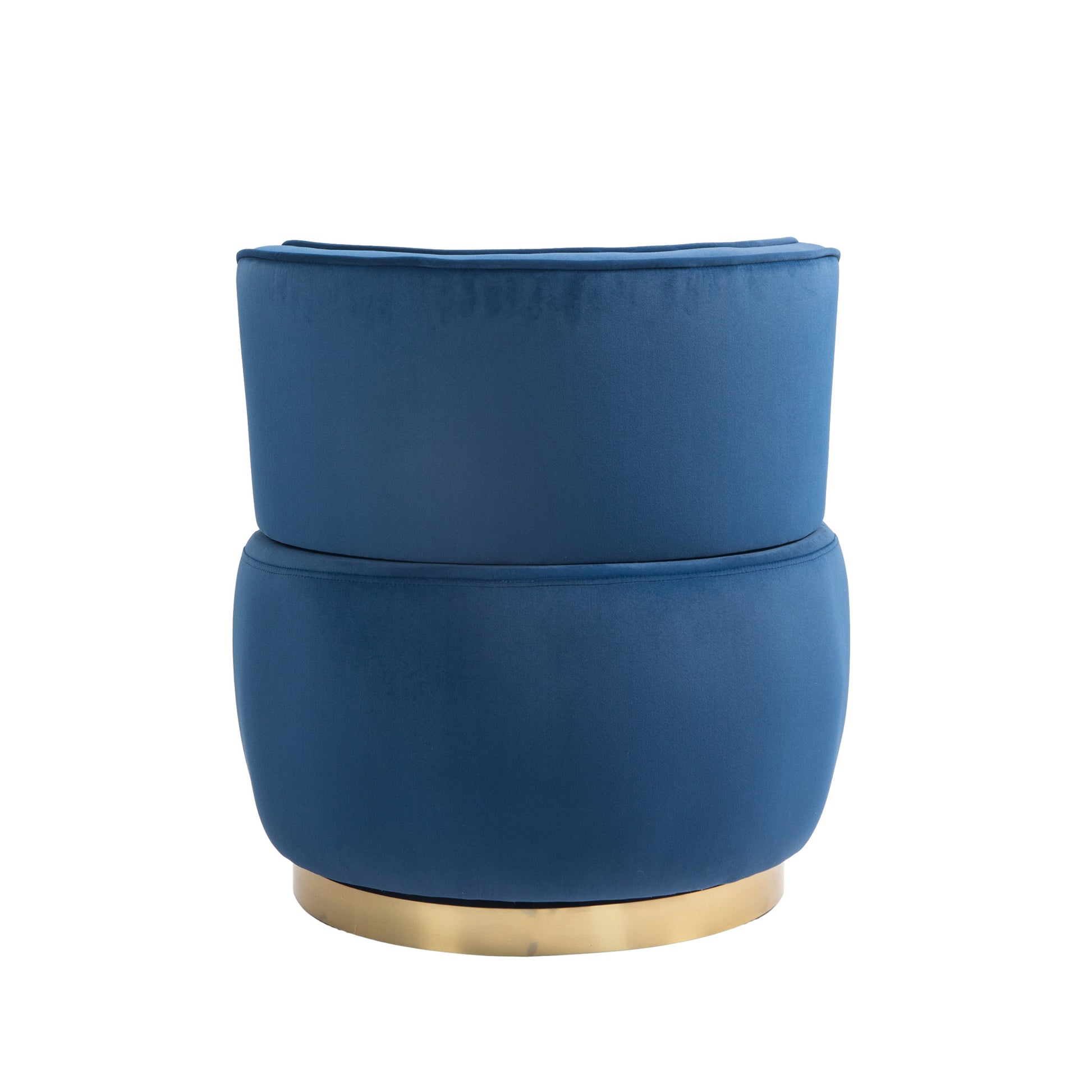 Plush navy blue velvet ottoman with a gold metal base