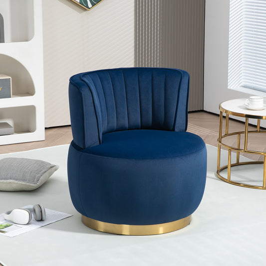 Luxurious navy blue velvet accent chair with plush channeling and a gold metallic base perfect for living rooms