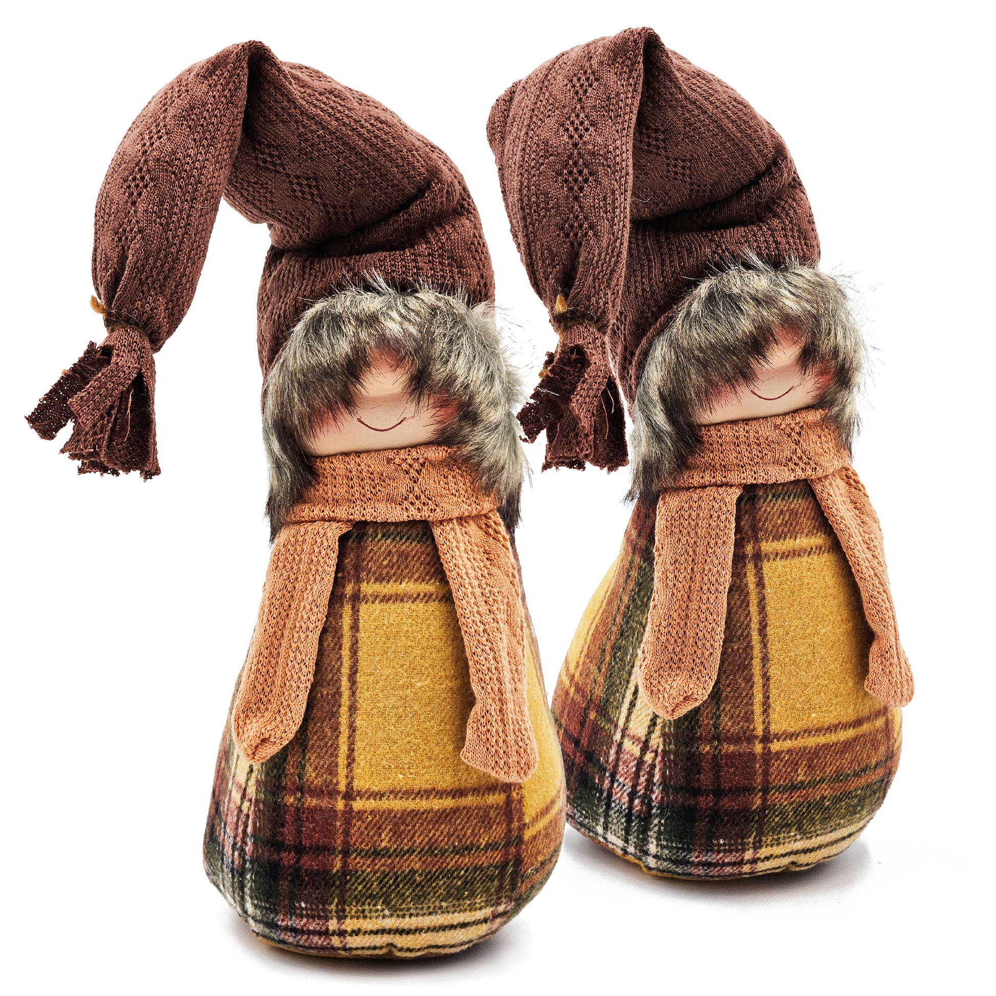 Textile gnome figurines with brown knitted hats and plaid bodies ideal for holiday decor