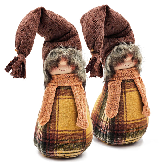 Textile gnome figurines with brown knitted hats and plaid bodies ideal for holiday decor