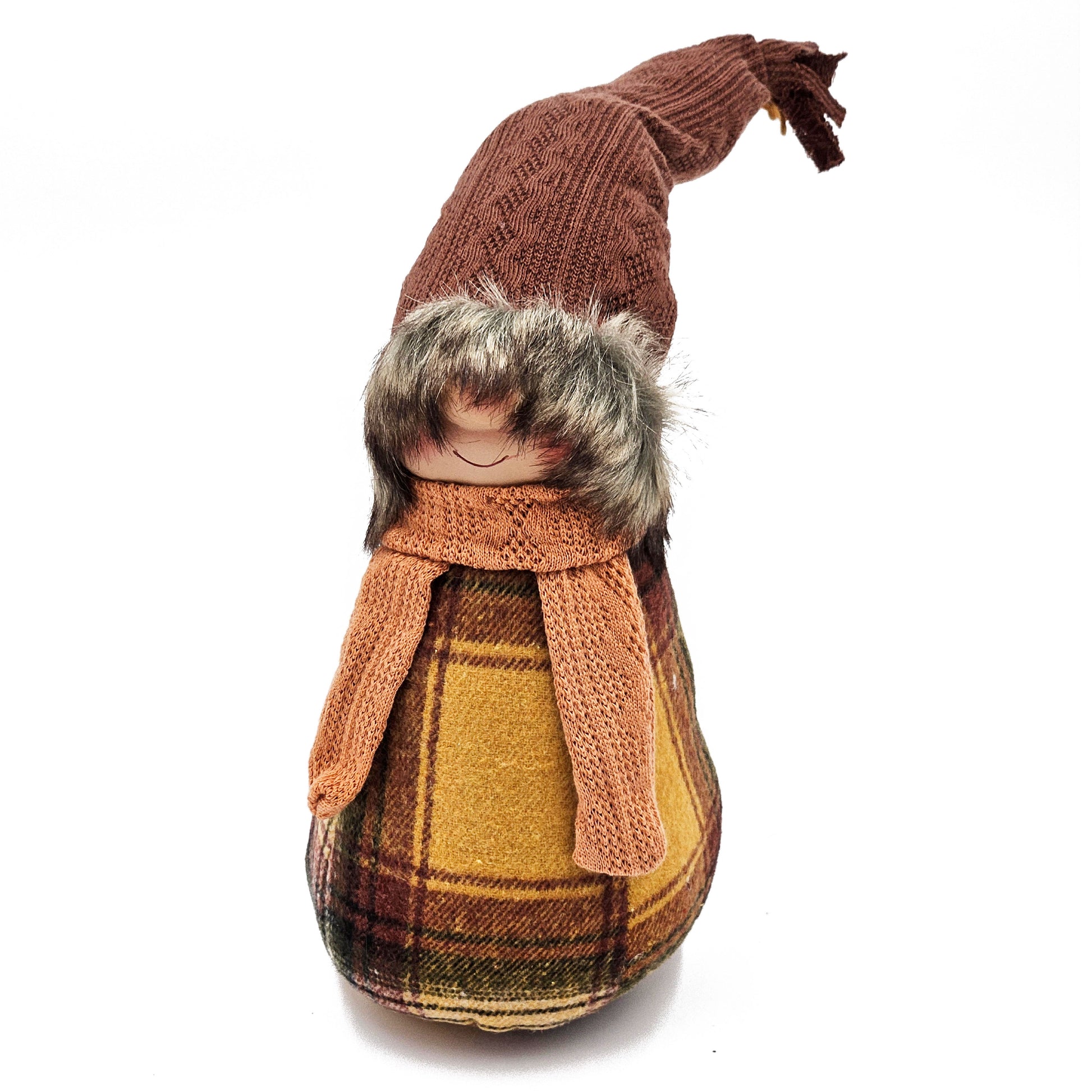 Brown knitted gnome with plaid body and fur trim autumn decoration