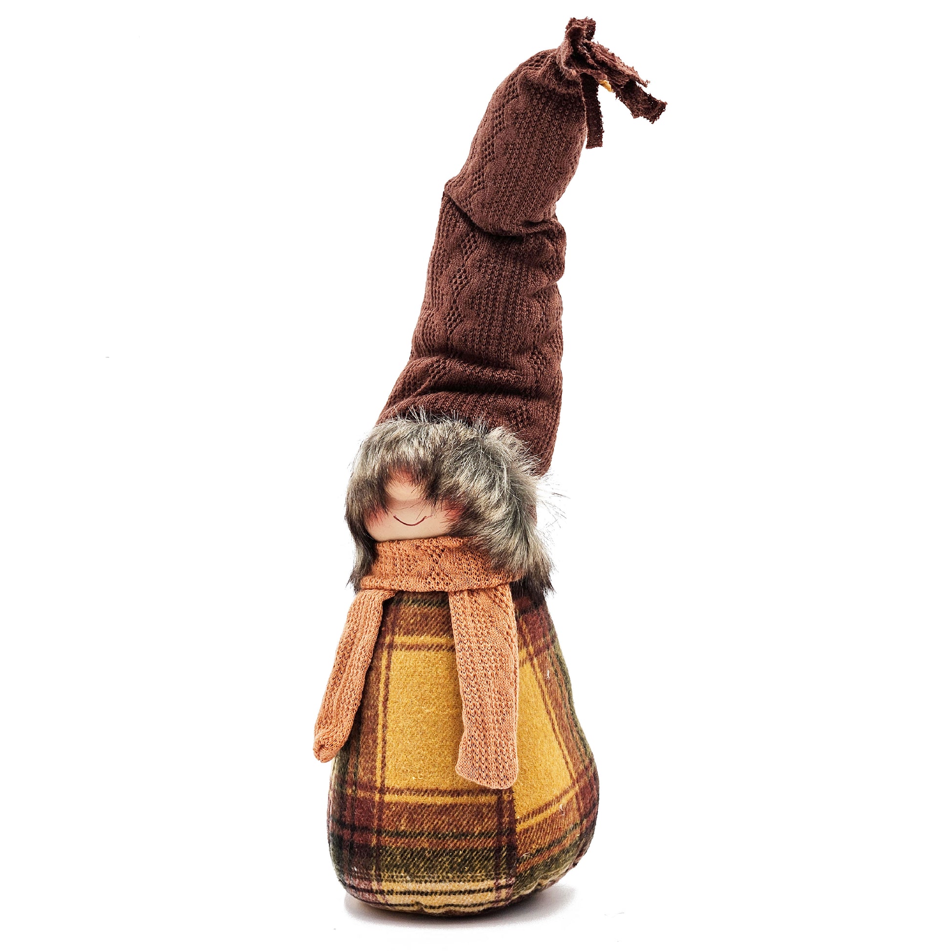 Brown knitted gnome with plaid body and faux fur trim a festive holiday decoration