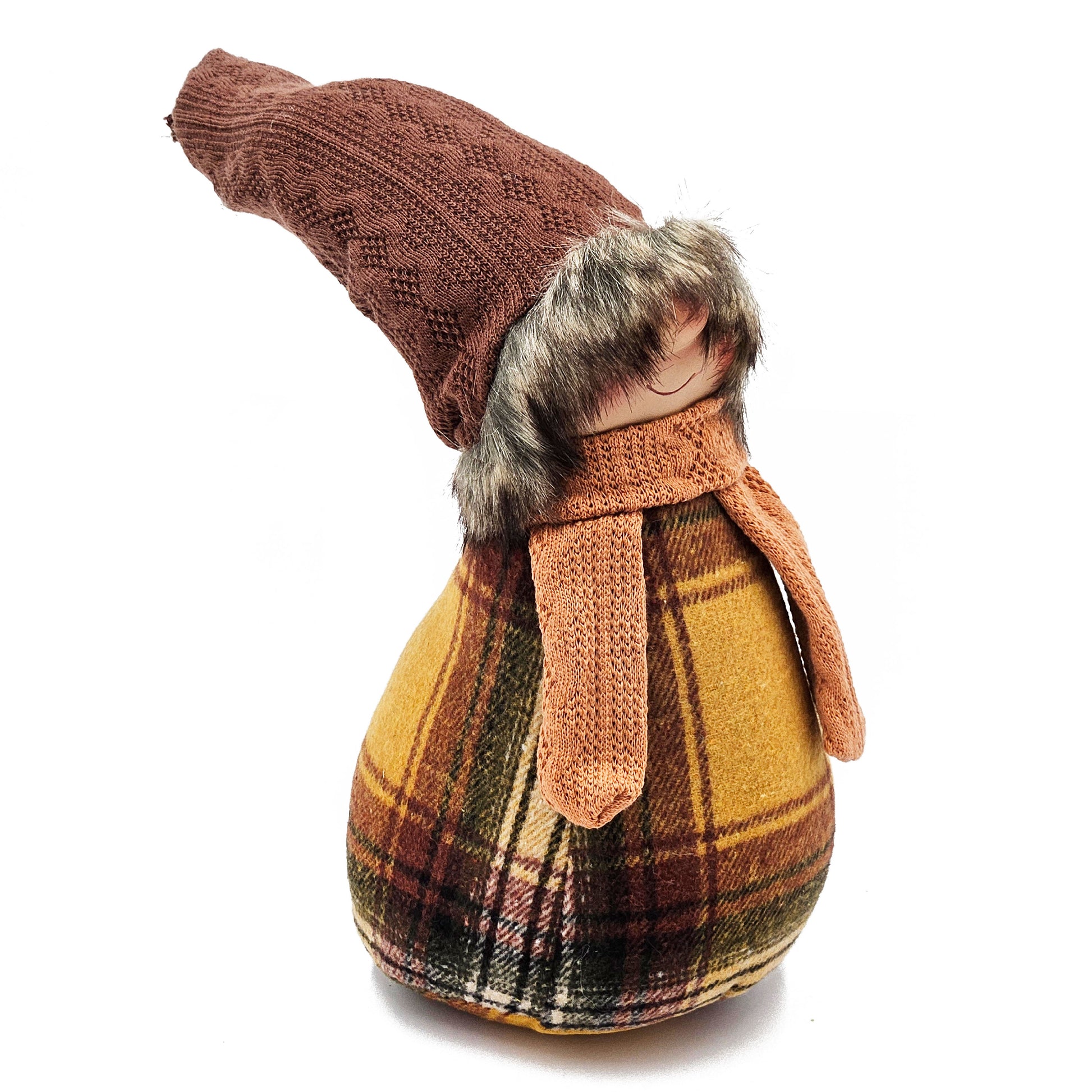 Textile gnome decoration with brown knit hat plaid dress and faux fur collar