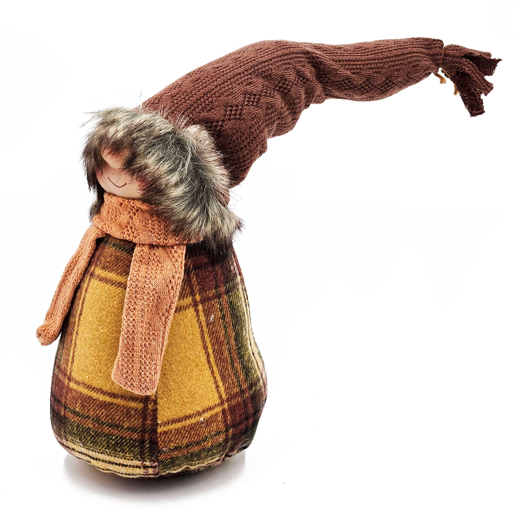 Plush gnome with brown knit hat plaid body and orange scarf