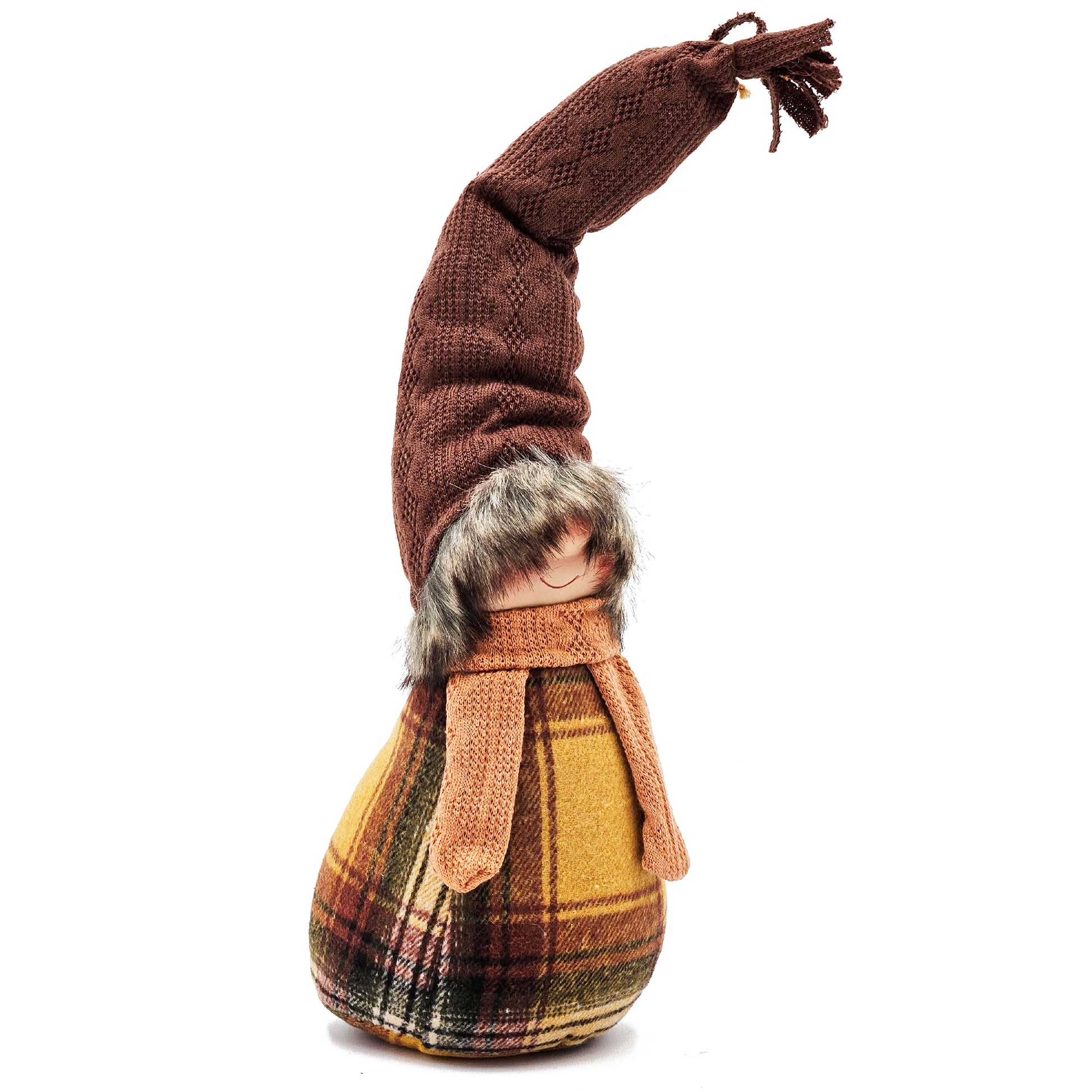Textile gnome with brown knit hat and plaid body