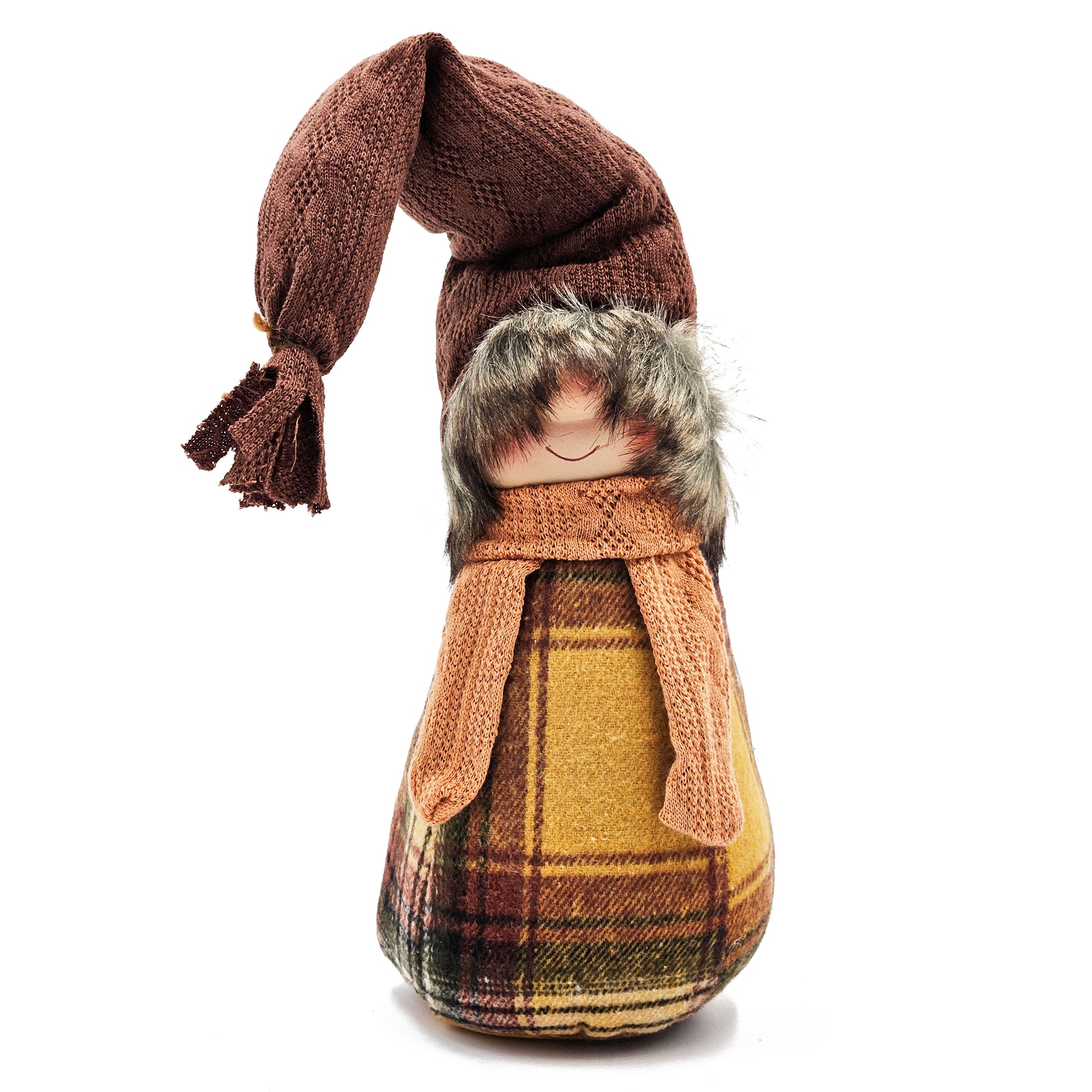 Brown knit gnome figurine with plaid body and fuzzy trim