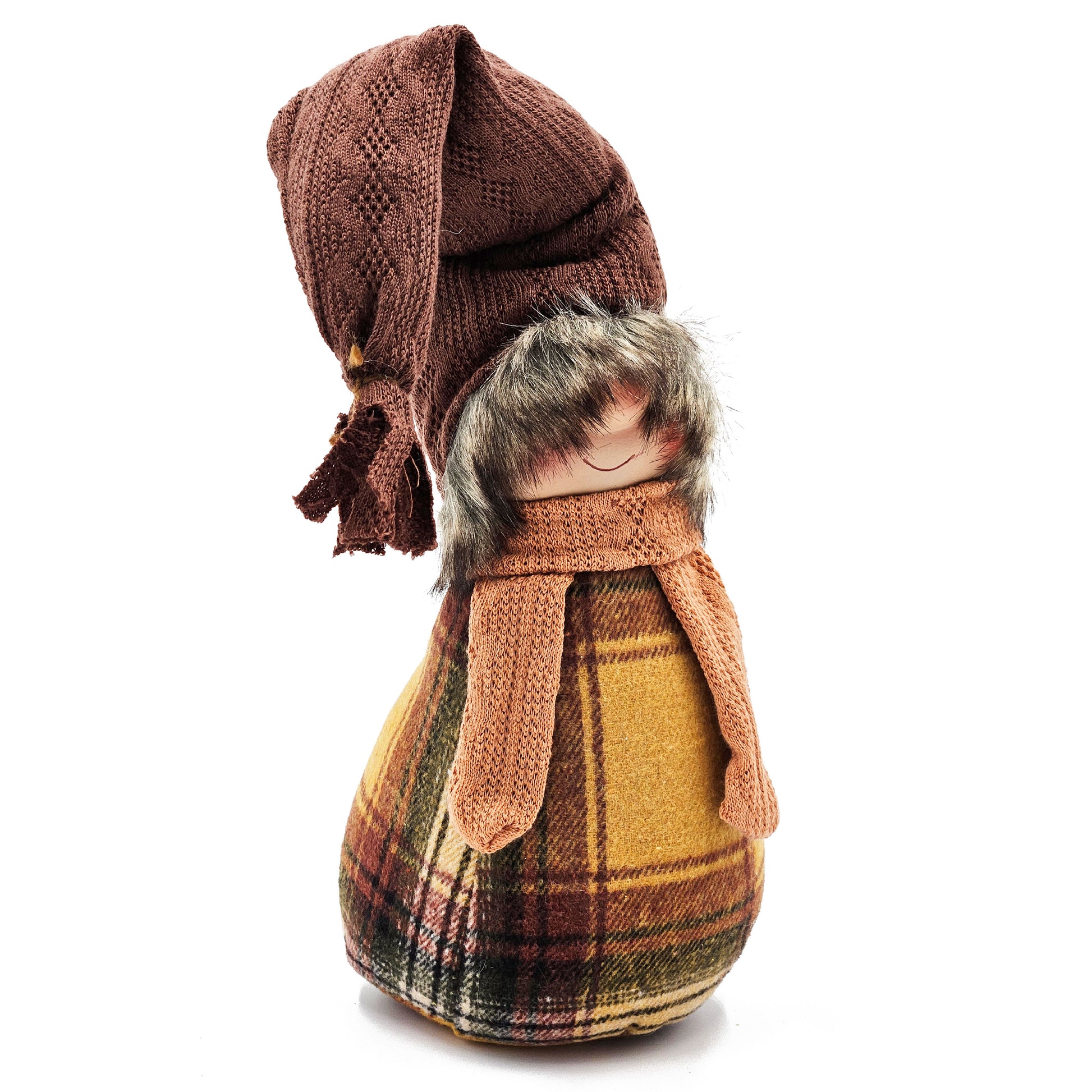 Cozy gnome figurine with brown knitted hat and plaid dress perfect holiday decor