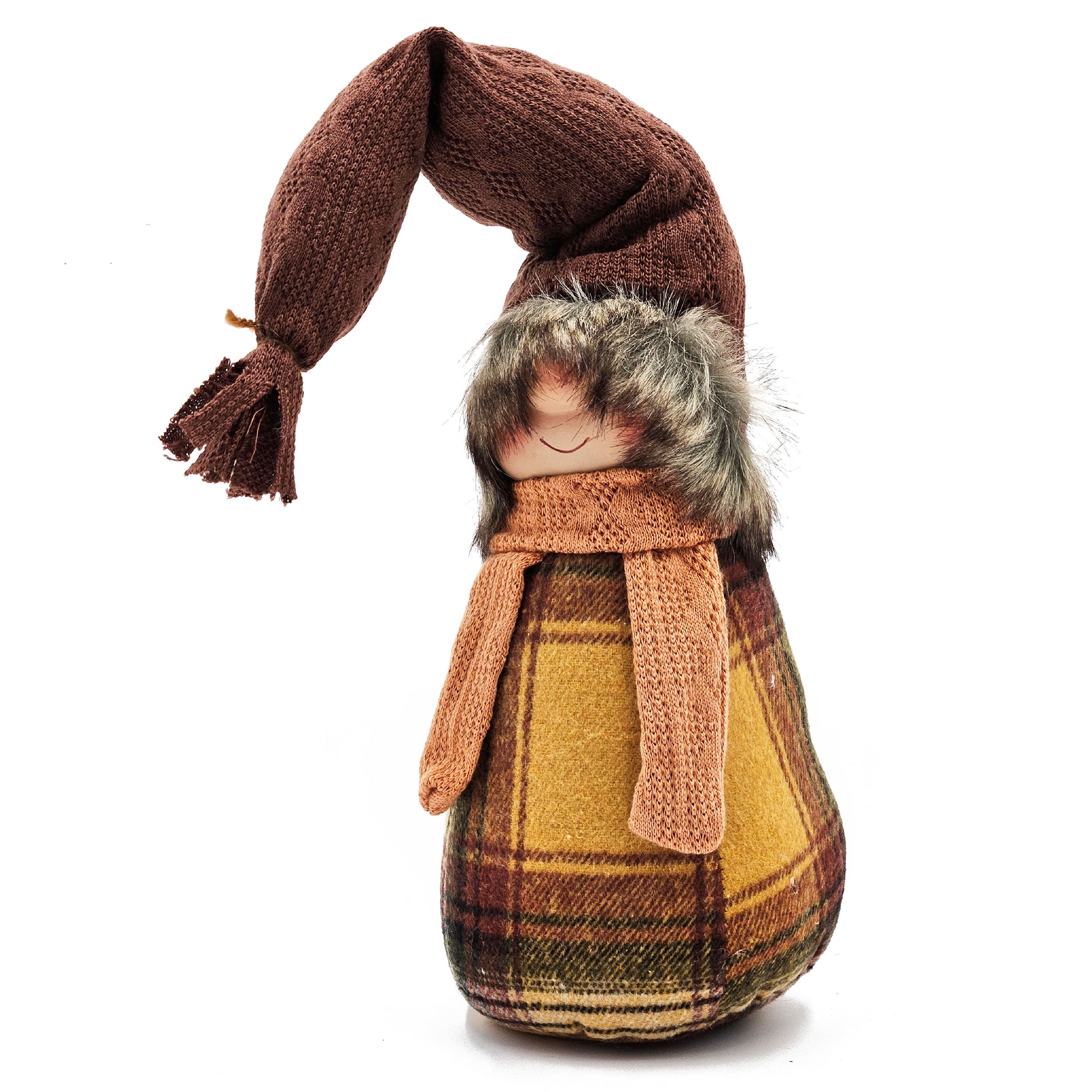 Brown knitted gnome decoration with plaid skirt and faux fur trim for holiday display