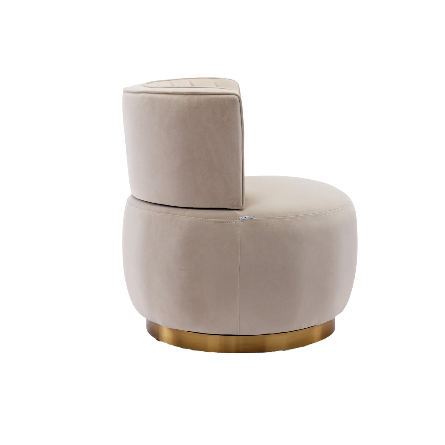 Beige velvet accent chair with a curved back and gold metal base perfect for modern living rooms
