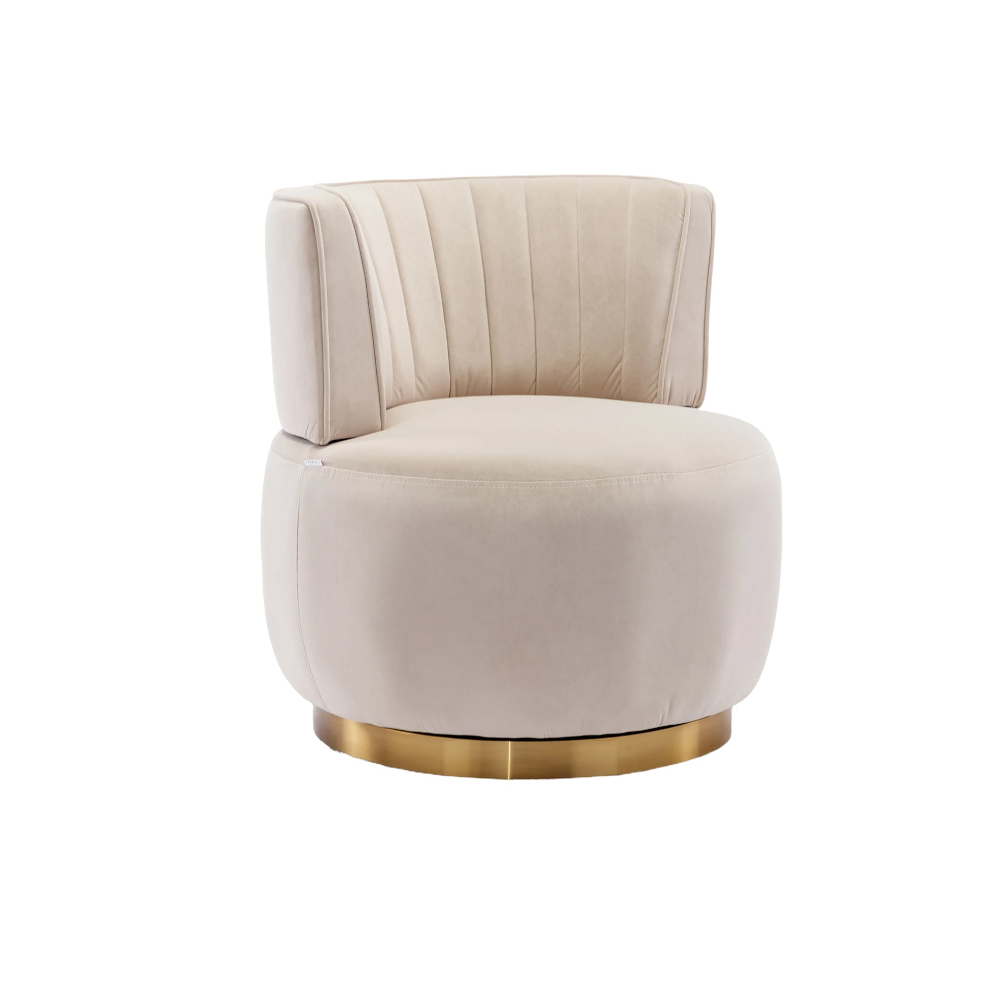 Plush cream velvet accent chair with channel tufting and a gold swivel base