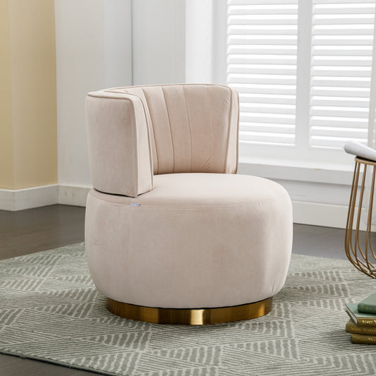 Plush beige velvet accent chair with channel tufting and a polished gold swivel base