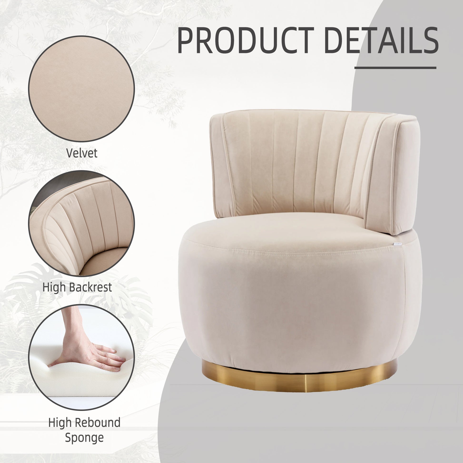 Cream velvet accent chair with fluted back and gold swivel base perfect for living rooms