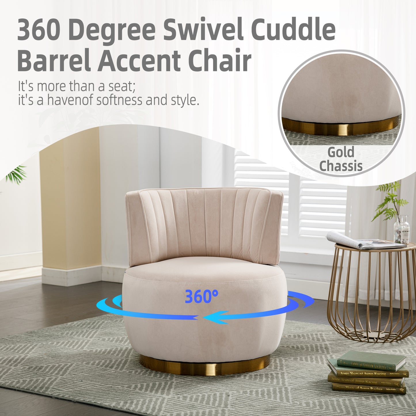 Beige velvet barrel accent chair with degree swivel and gold chassis base