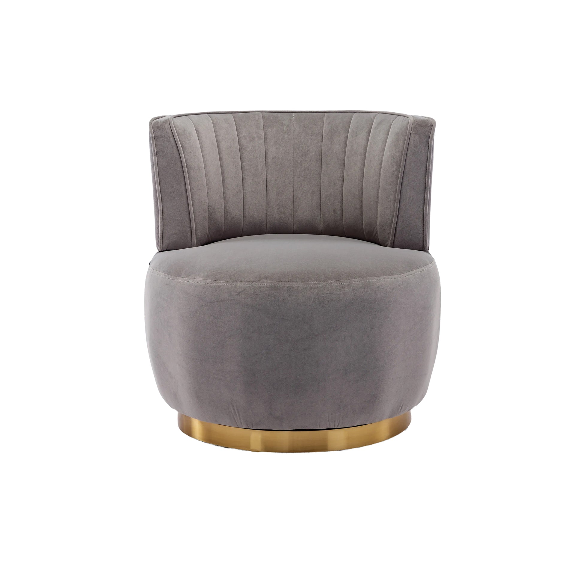 Plush grey velvet accent chair with vertical channel tufting and a gold base