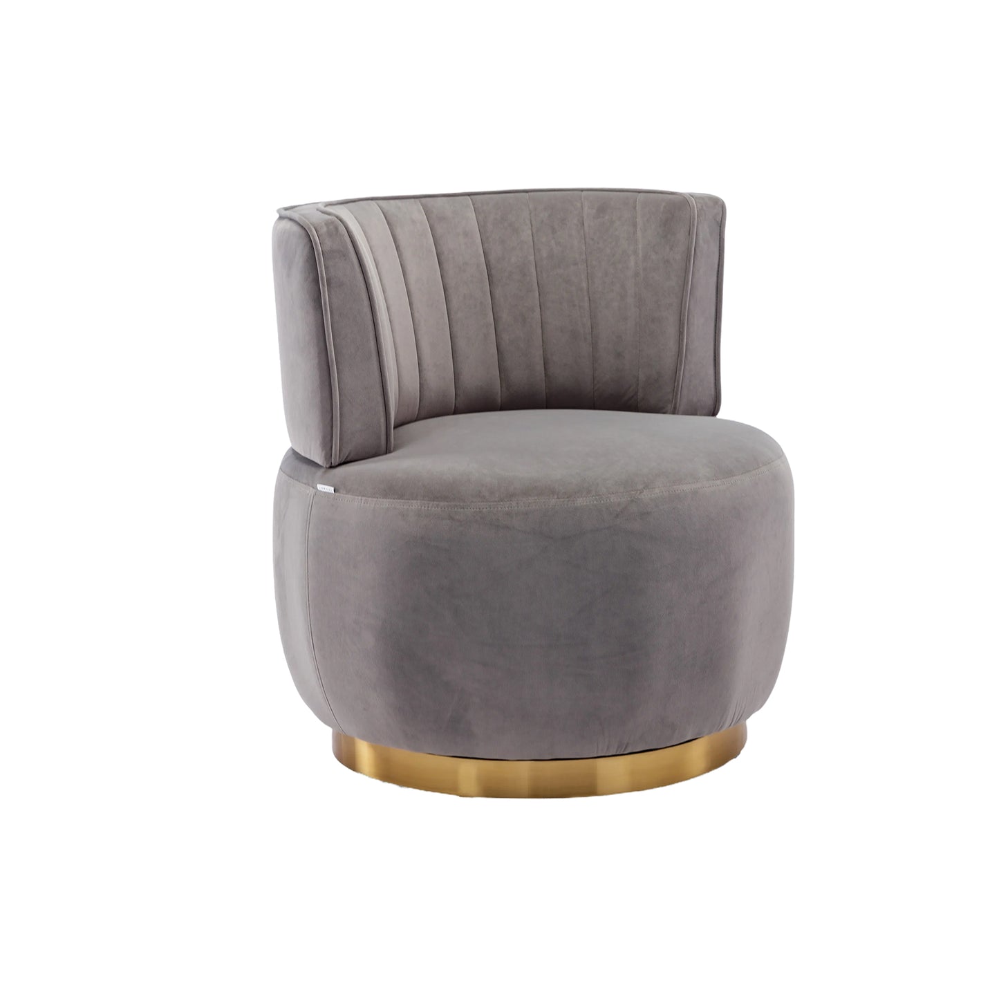 Plush grey velvet accent chair with fluted back and polished gold base