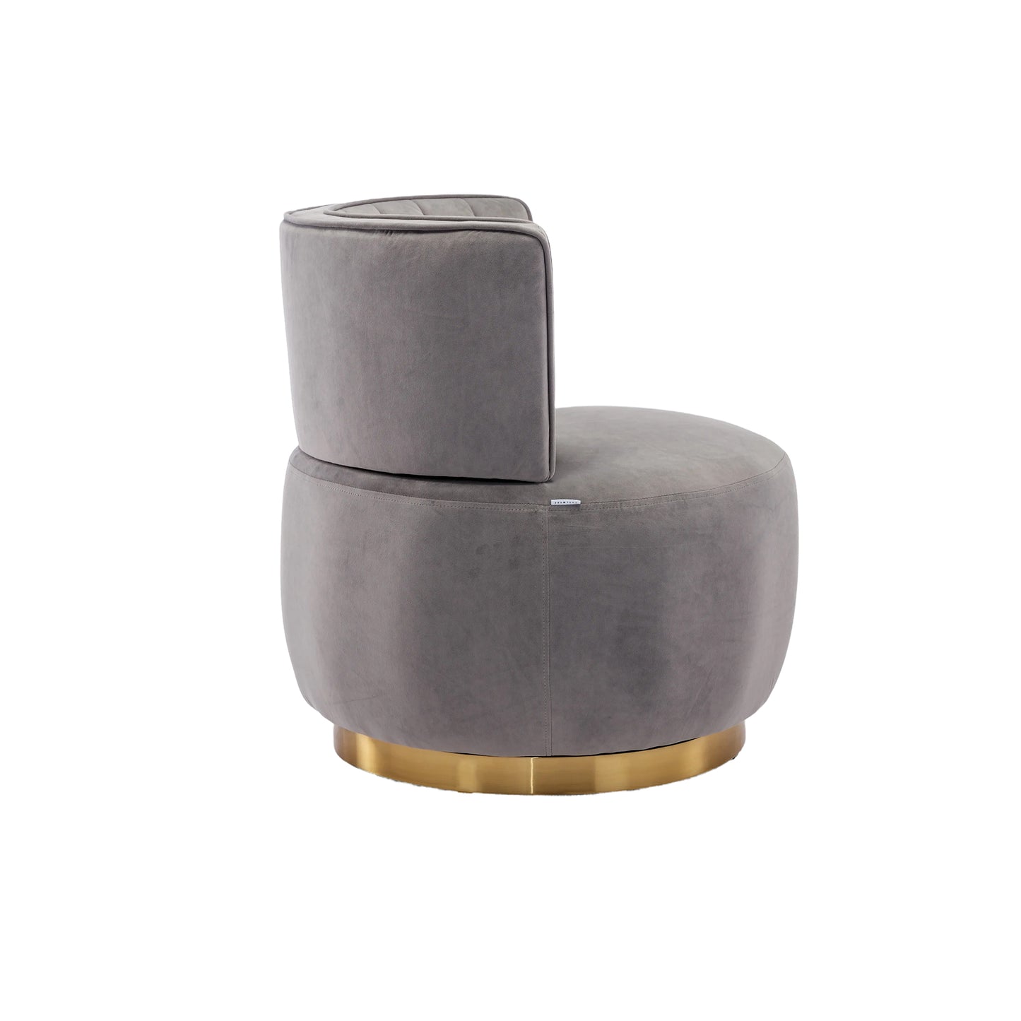 Grey velvet swivel chair with gold base and tufted backrest