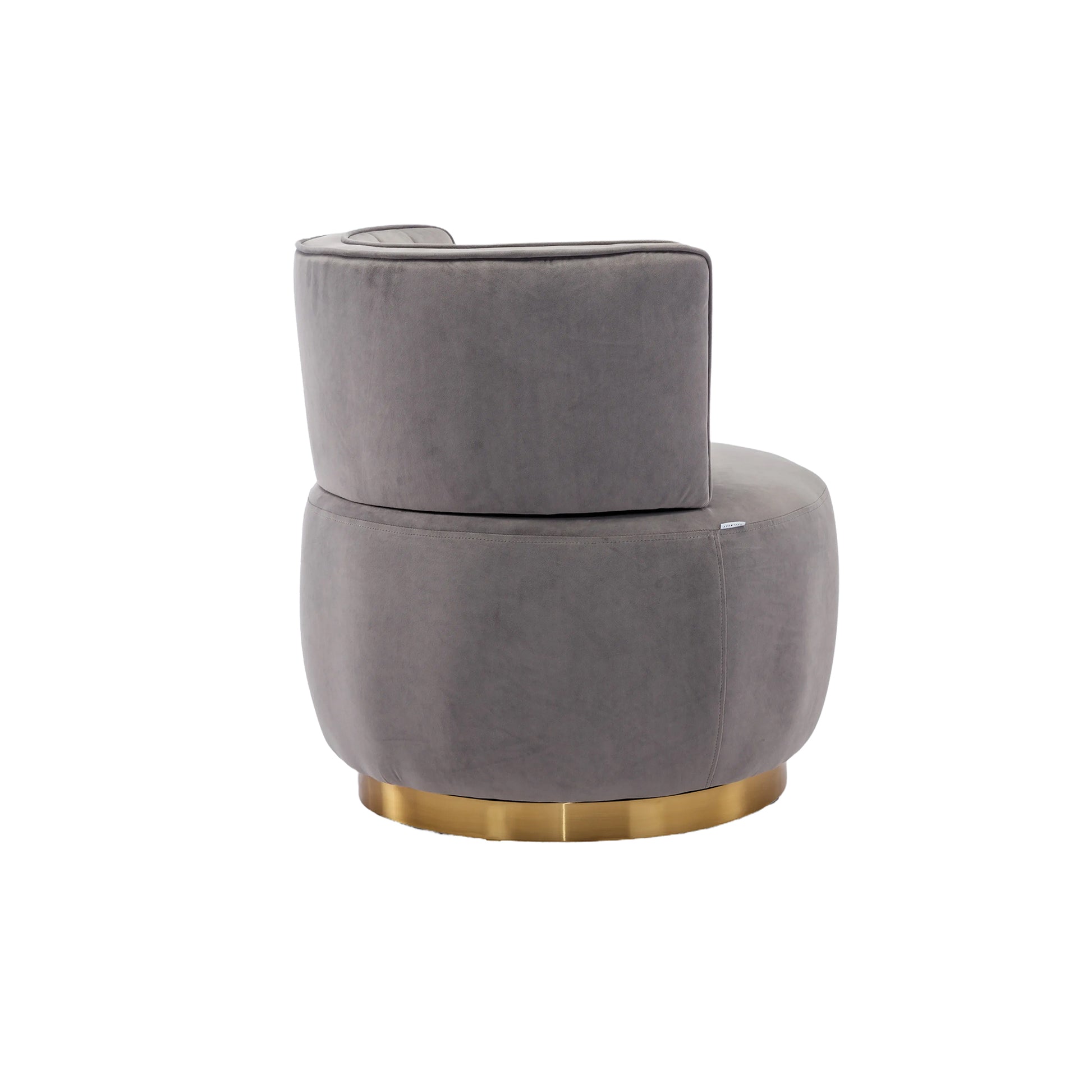 Plush grey velvet swivel chair with a polished brass base ideal for modern living rooms