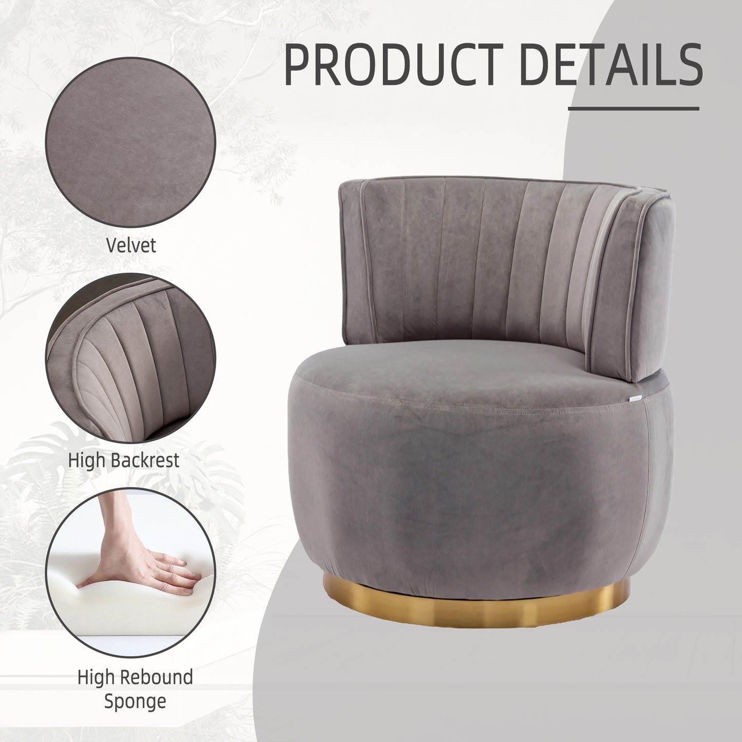 Grey velvet swivel accent chair with gold base and fluted backrest
