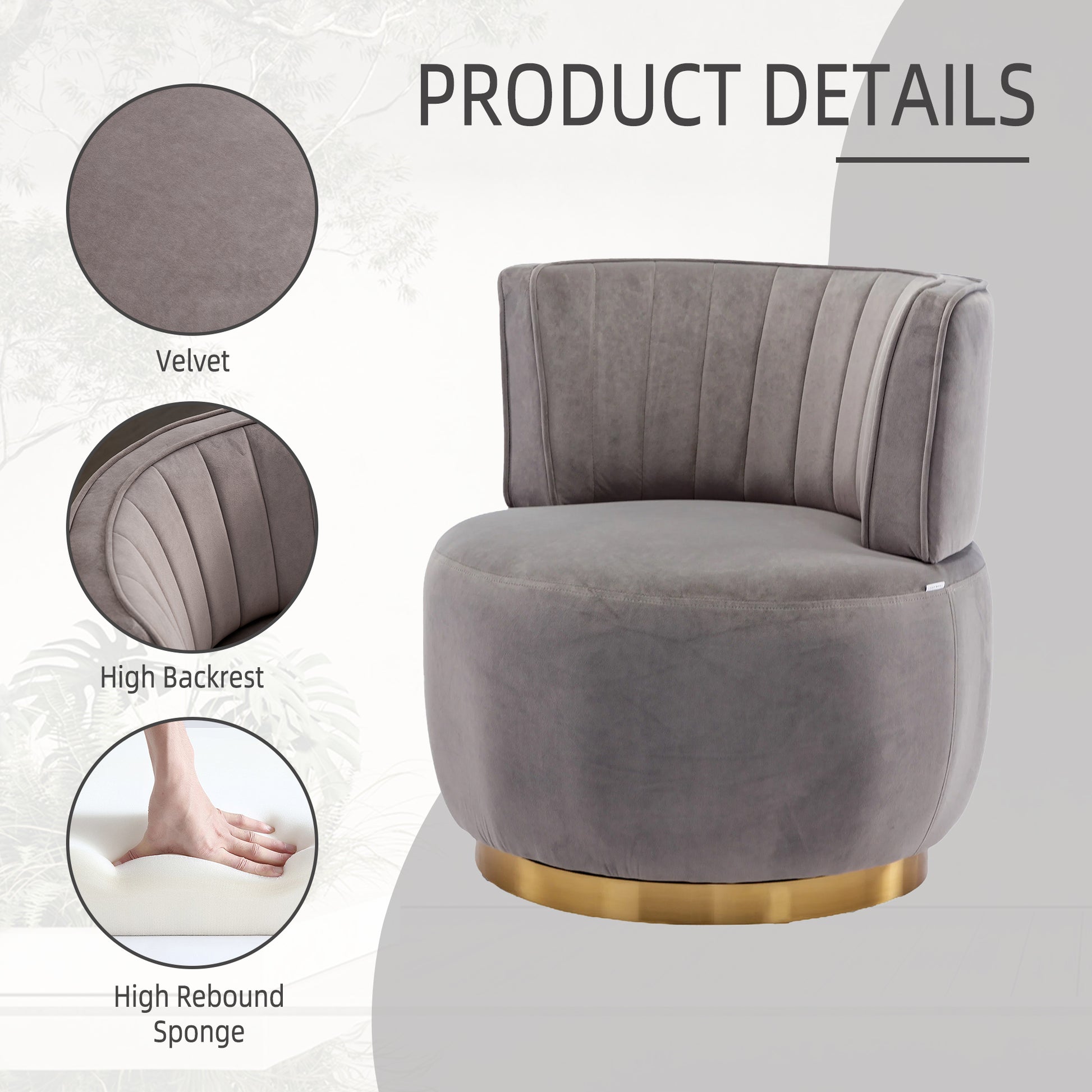 Grey velvet swivel accent chair with gold base and fluted backrest