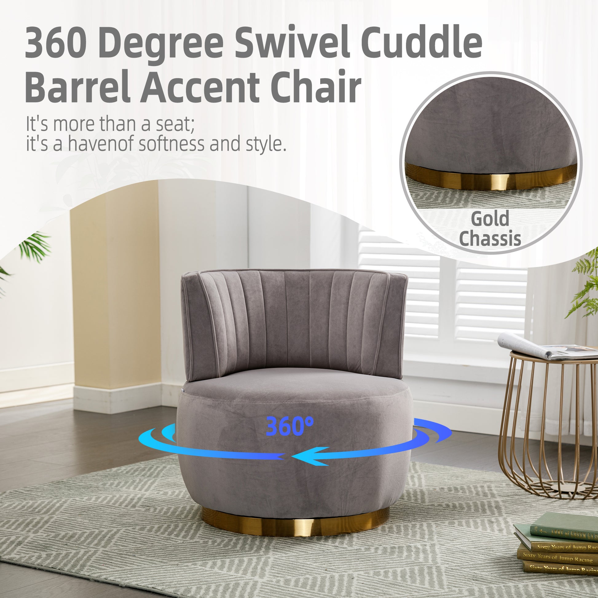 Gray velvet barrel accent chair with a degree gold swivel chassis