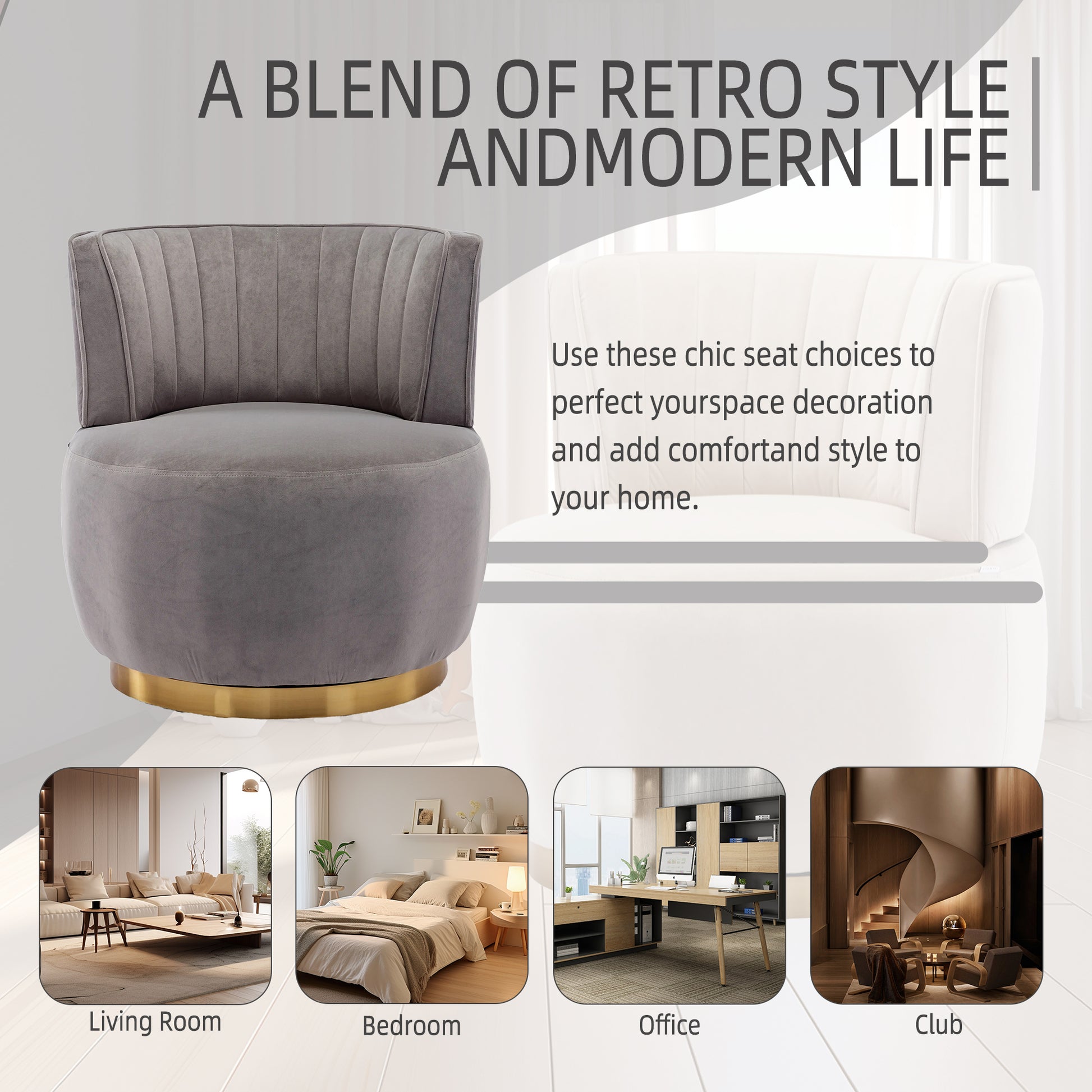 Gray velvet accent chair with pleated back and gold base