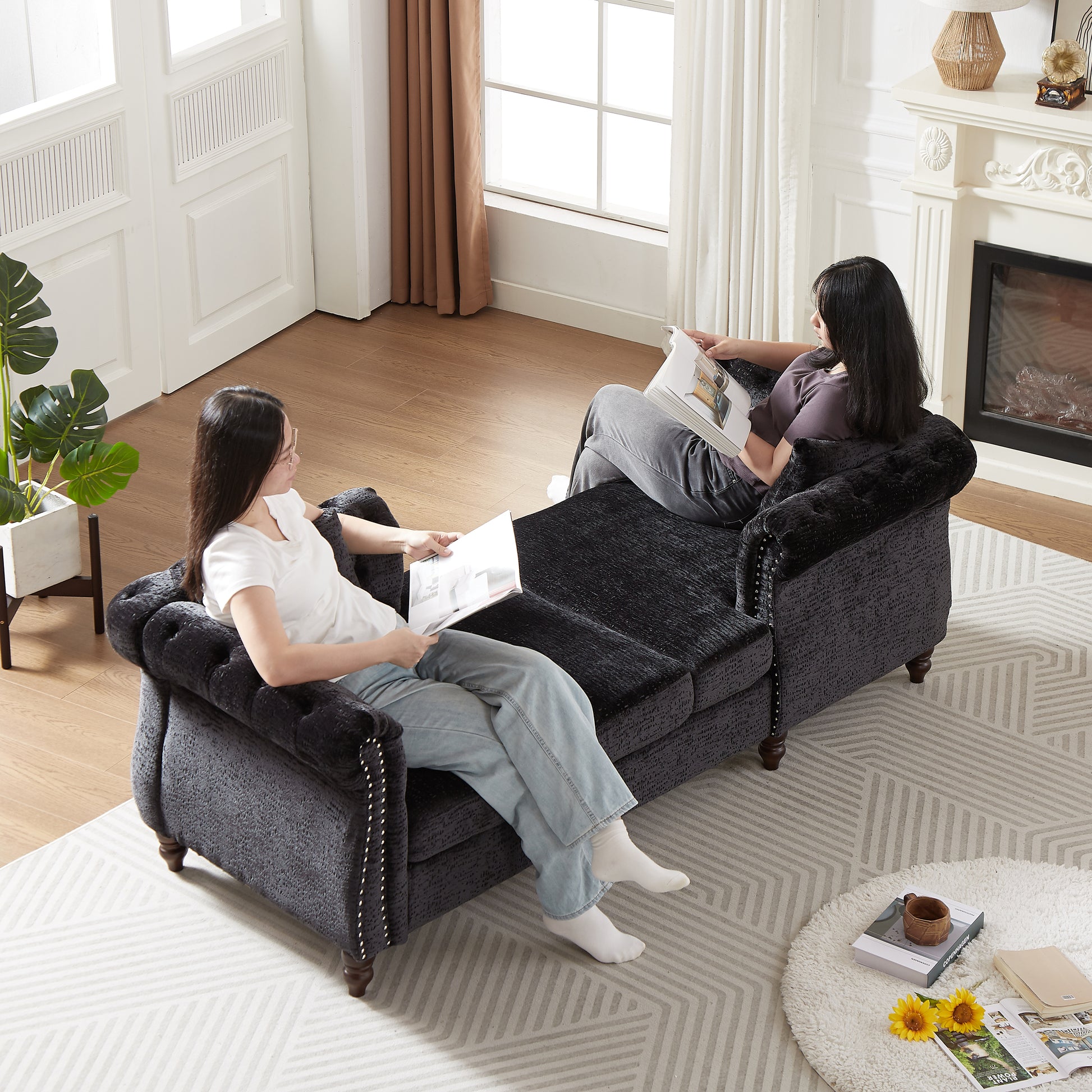 Dark gray chenille sectional sofa with tufted detailing and nailhead trim perfect for living room seating