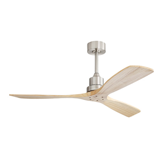 Modern threeblade ceiling fan with brushed nickel finish and natural wood blades