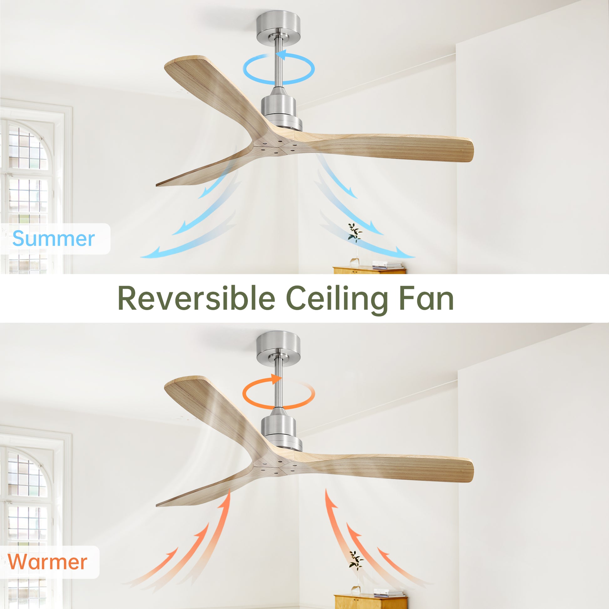 Modern blade wood reversible ceiling fan with brushed nickel motor summer cooling airflow