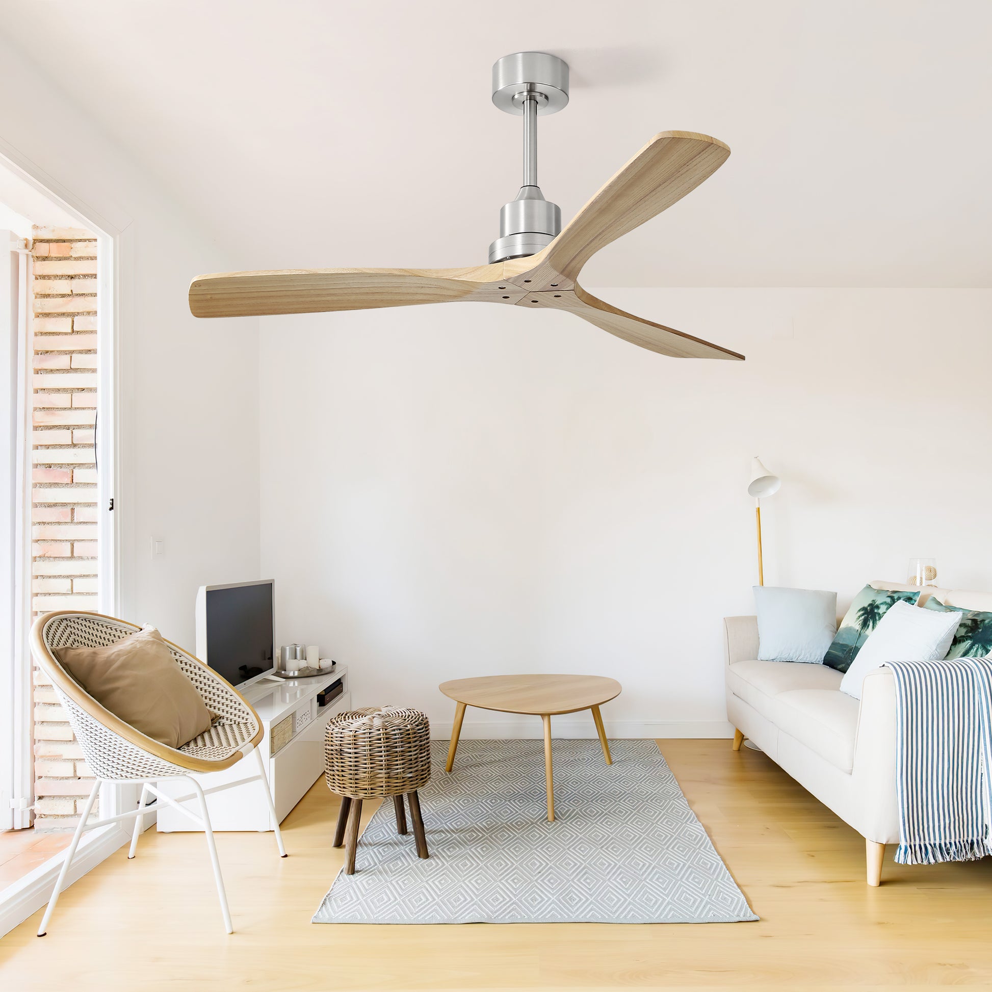 Modern threeblade ceiling fan with natural wood finish and brushed nickel hardware for living room comfort