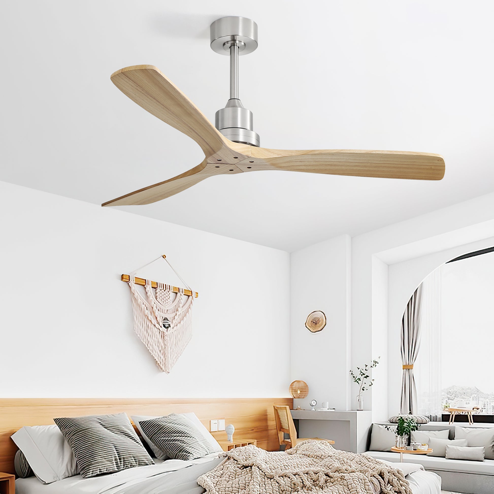 Modern threeblade wooden ceiling fan with brushed nickel finish for bedroom comfort