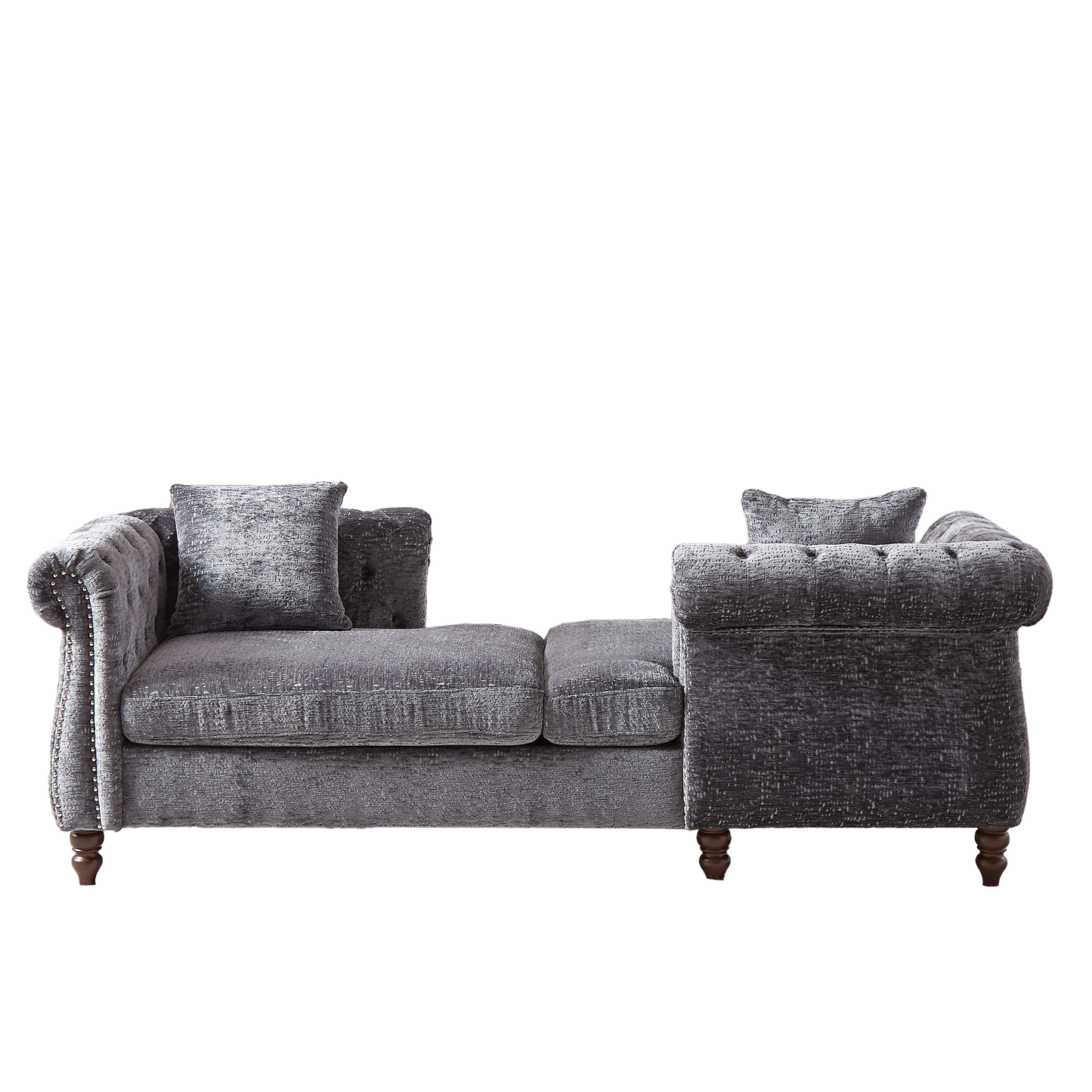 Elegant gray velvet chesterfield sofa with plush cushioning and nailhead trim accents