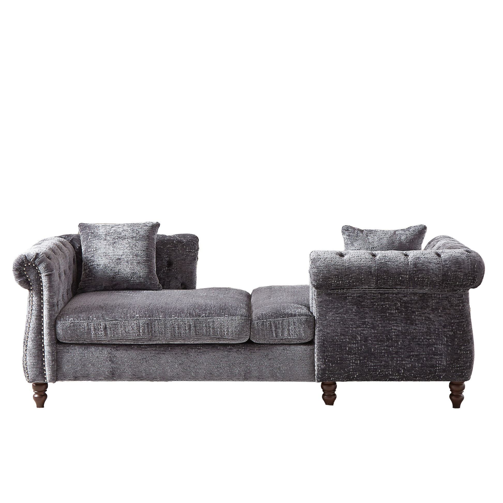 Elegant gray velvet chesterfield sofa with plush cushioning and nailhead trim accents