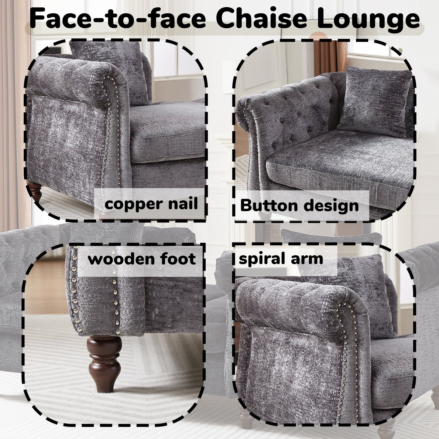 Gray velvet chaise lounge with copper nailhead trim and button tufted back