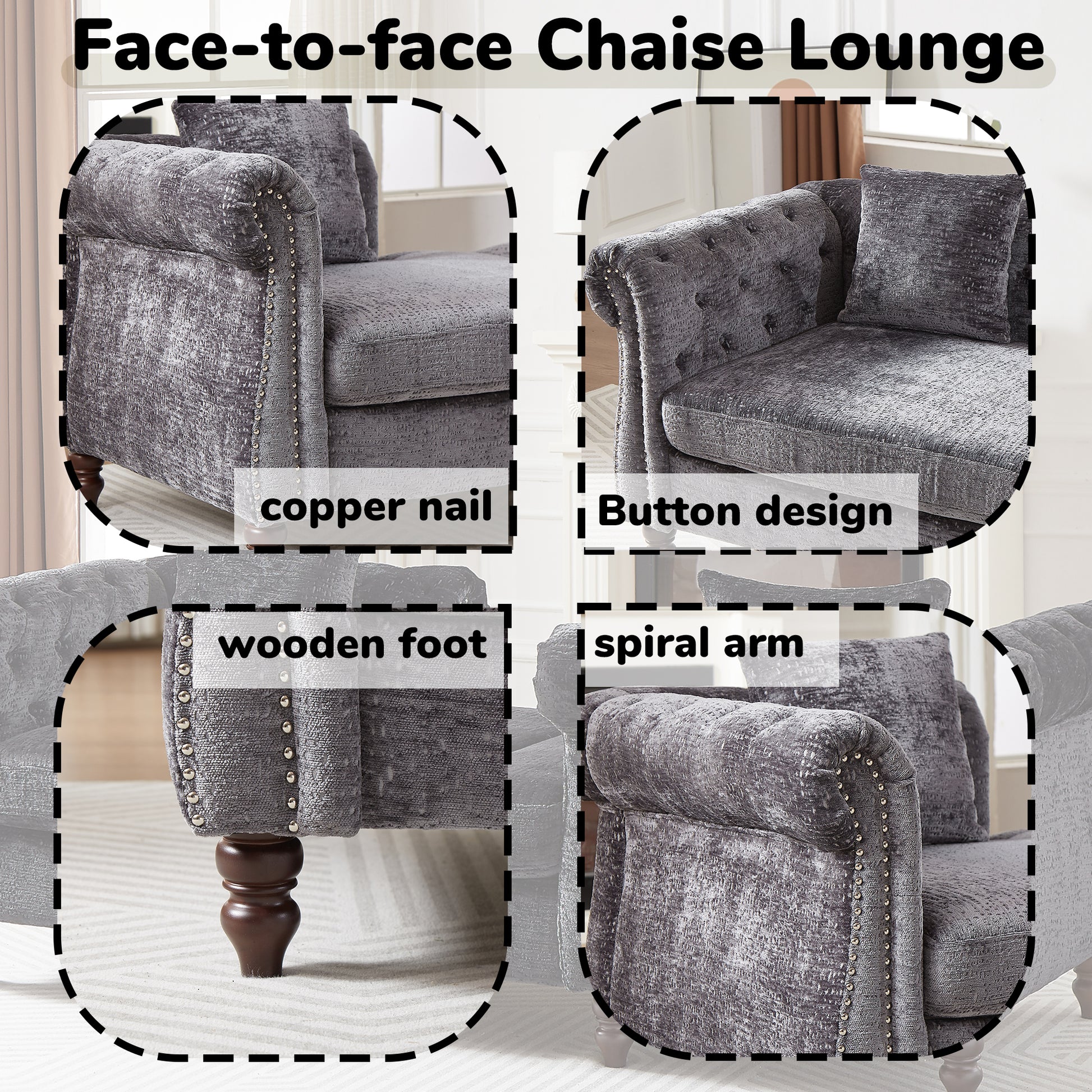 Gray velvet chaise lounge with copper nailhead trim and button tufted back