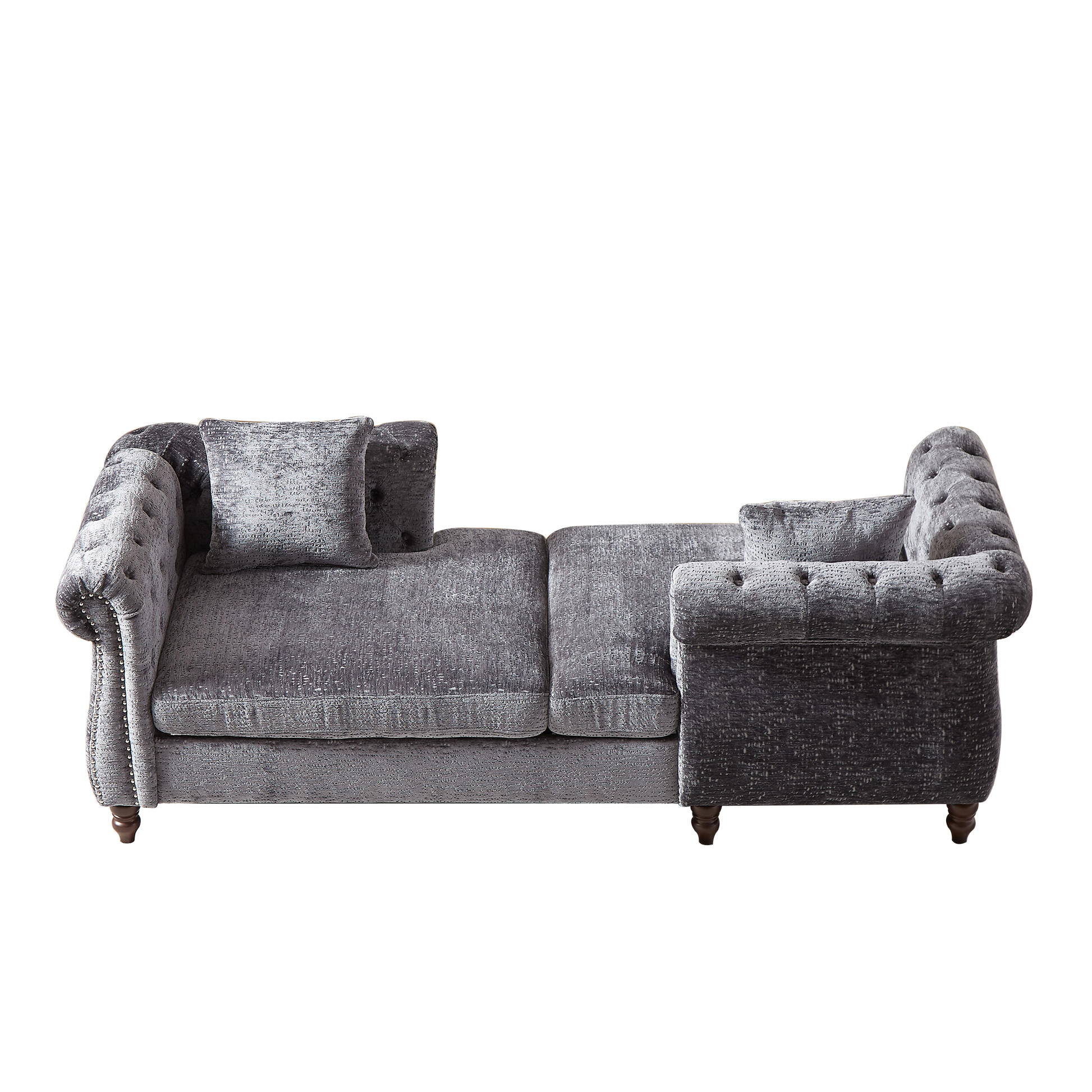 Plush grey velvet Chesterfield sofa with tufted back and silver nailhead trim perfect for a living room seating