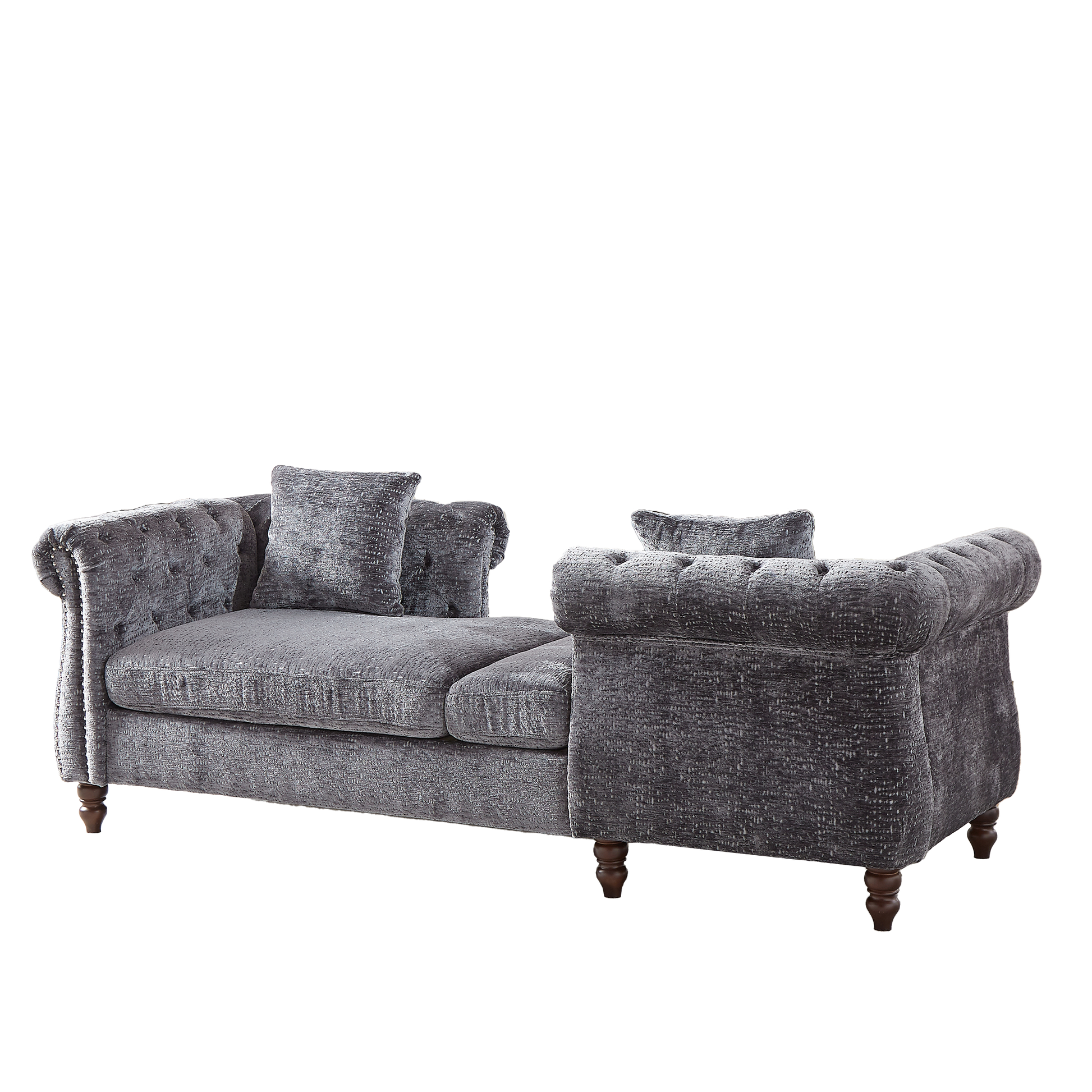 Dark grey chenille sofa with button tufting and plush cushions featuring a Chesterfield design