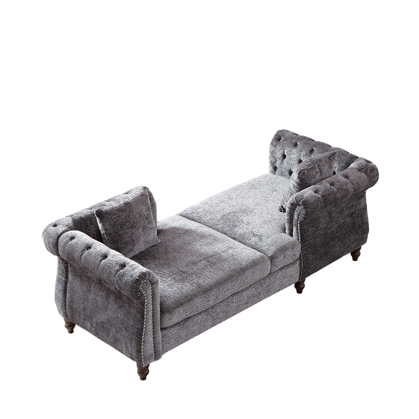 Grey velvet chesterfield chaise lounge with tufted back and polished nailhead trim