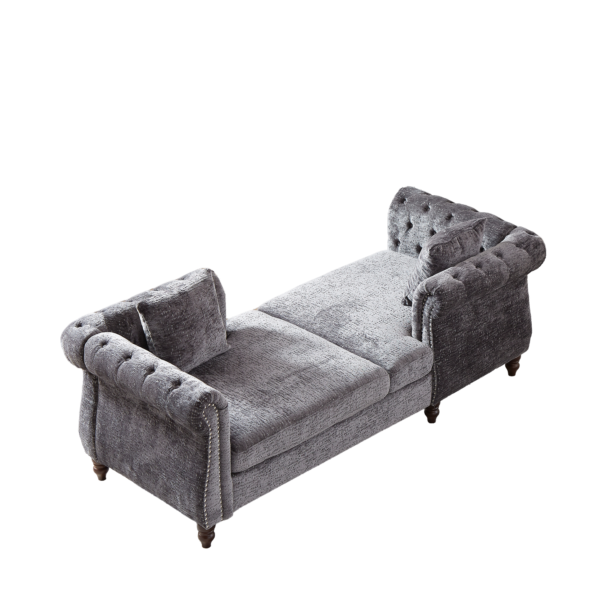 Grey velvet chesterfield chaise lounge with tufted back and polished nailhead trim