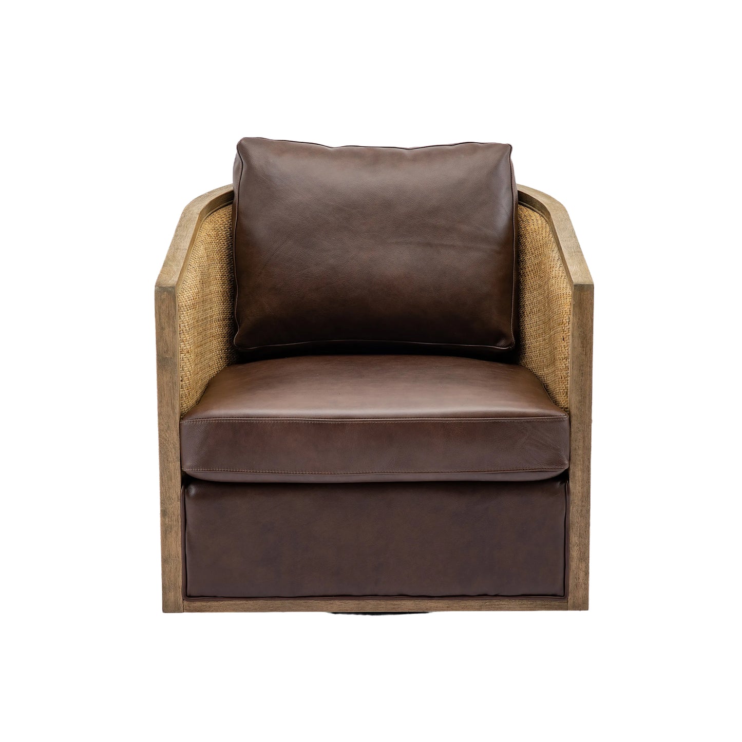 Dark brown leather accent chair with woven cane sides and wooden frame