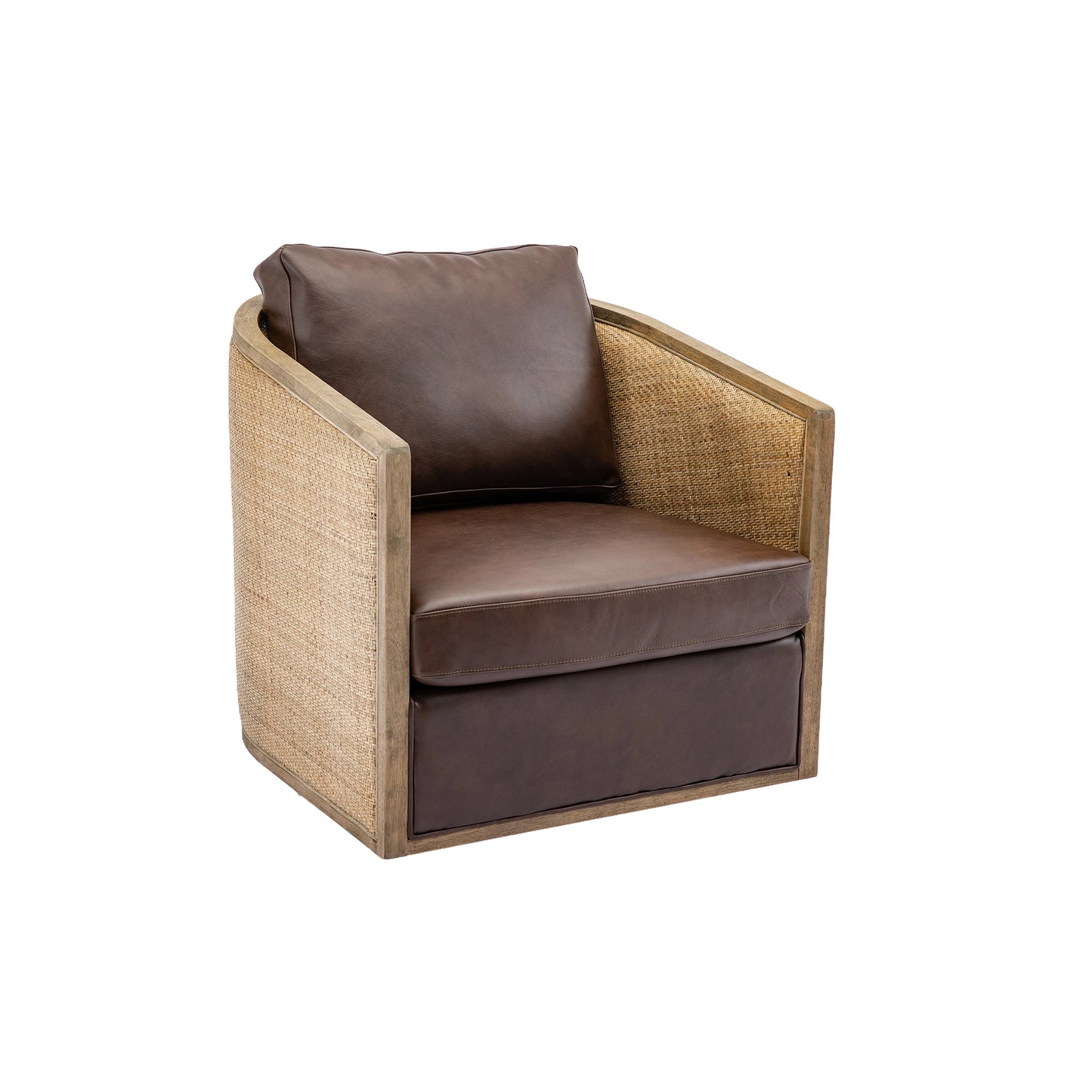 Brown leather accent chair with woven rattan sides and wooden frame
